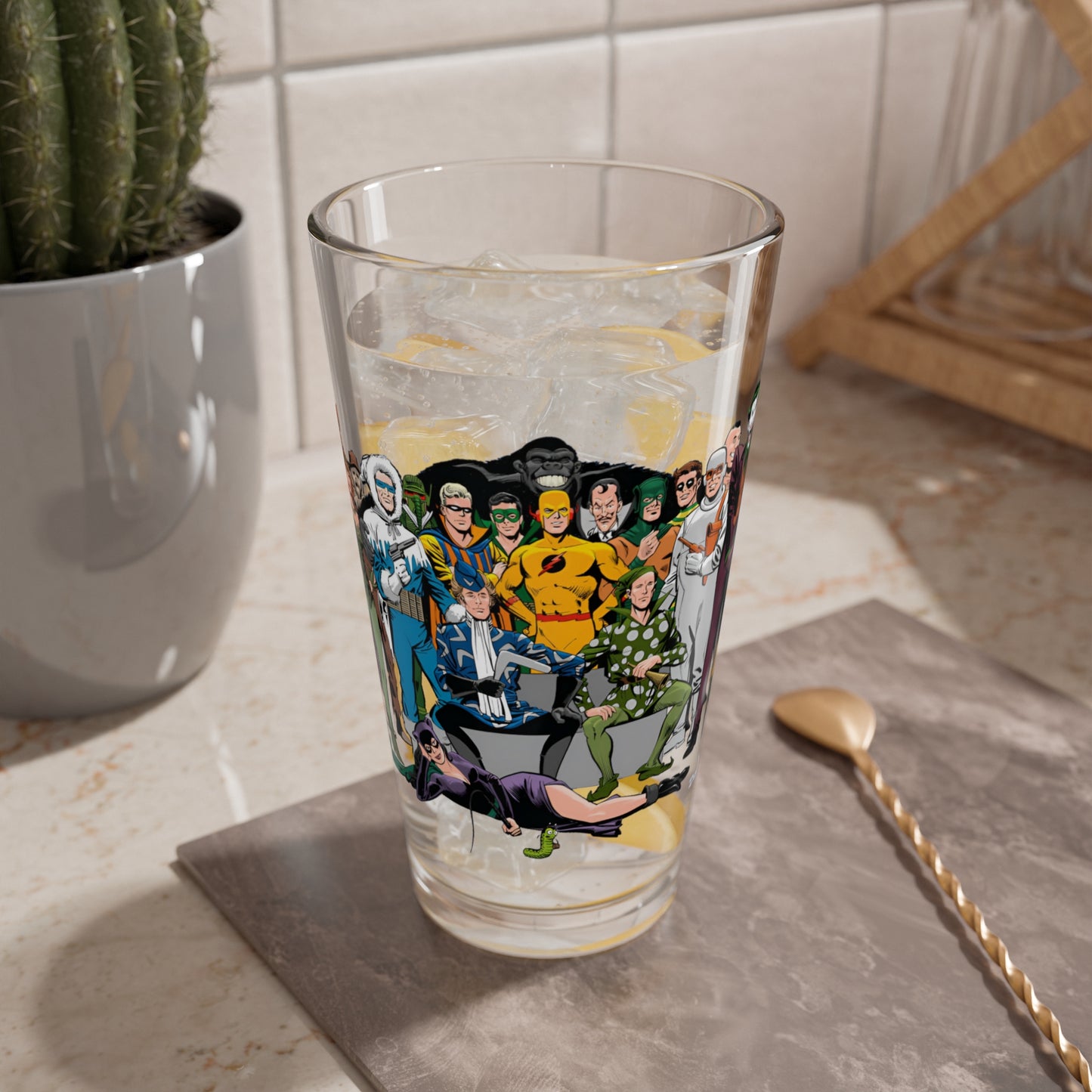 Secret Origins of Super-Villains Pint Glass, 16oz - DC Comics - Catwoman, Grodd, Lex Luthor, Joker, Mr Mxyzptlk, Mirror Master, Poison Ivy - Dick Giordano Art