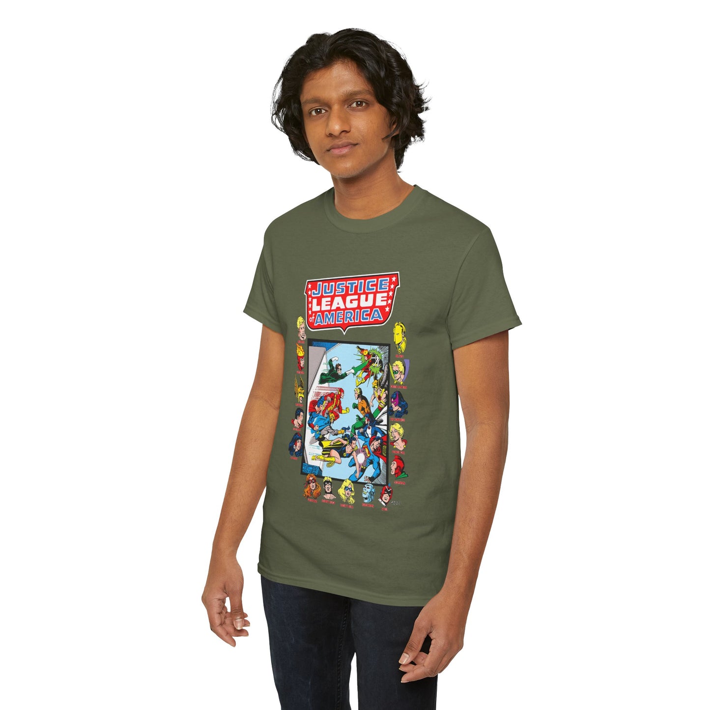 JLA & JSA T-Shirt - George Perez Art - All-Star Squadron - Firestorm, Huntress, Starman, Zatanna, Liberty Belle, Superman, Robotman, Firebrand, Dr Fate - DC Comics