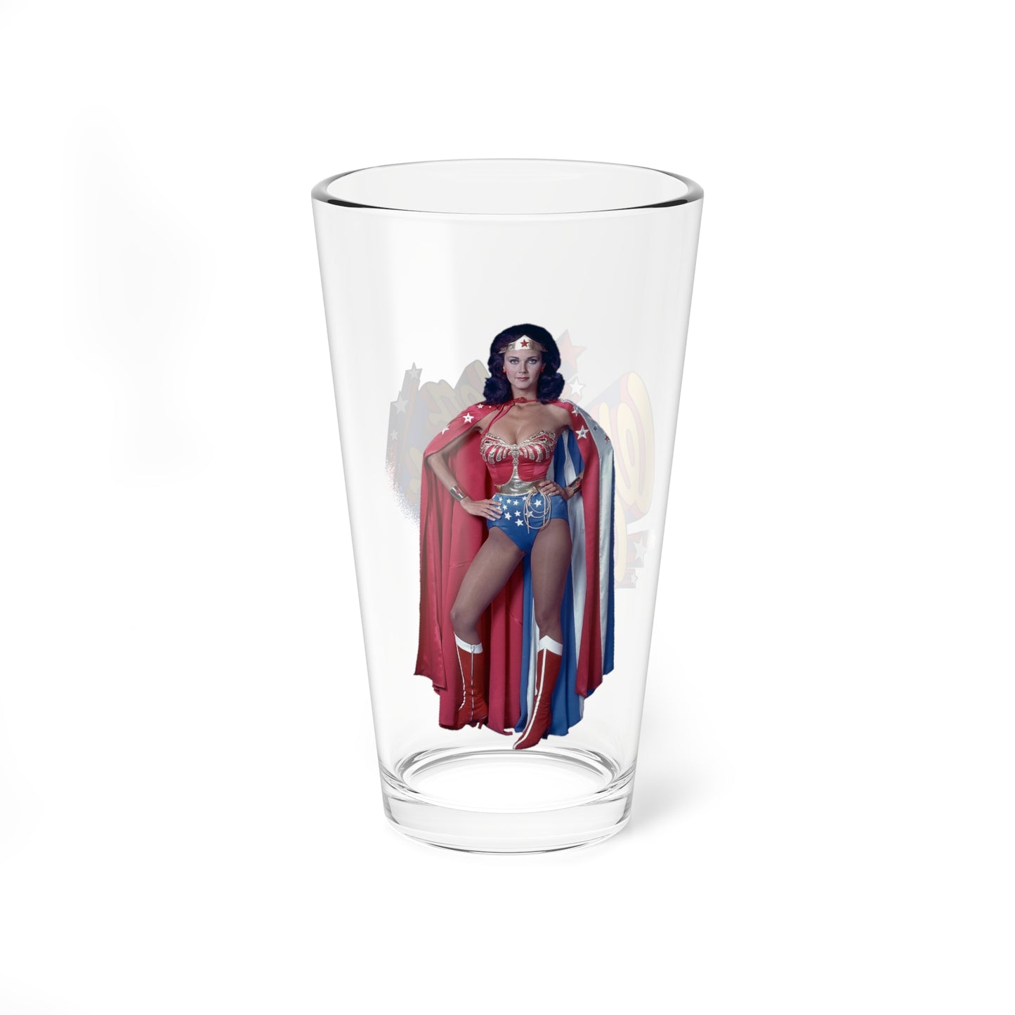 Wonder Woman Pint Glass, 16oz - Lynda Carter - Diana Prince of Paradise Island - 1970s Superhero TV - DC Comics