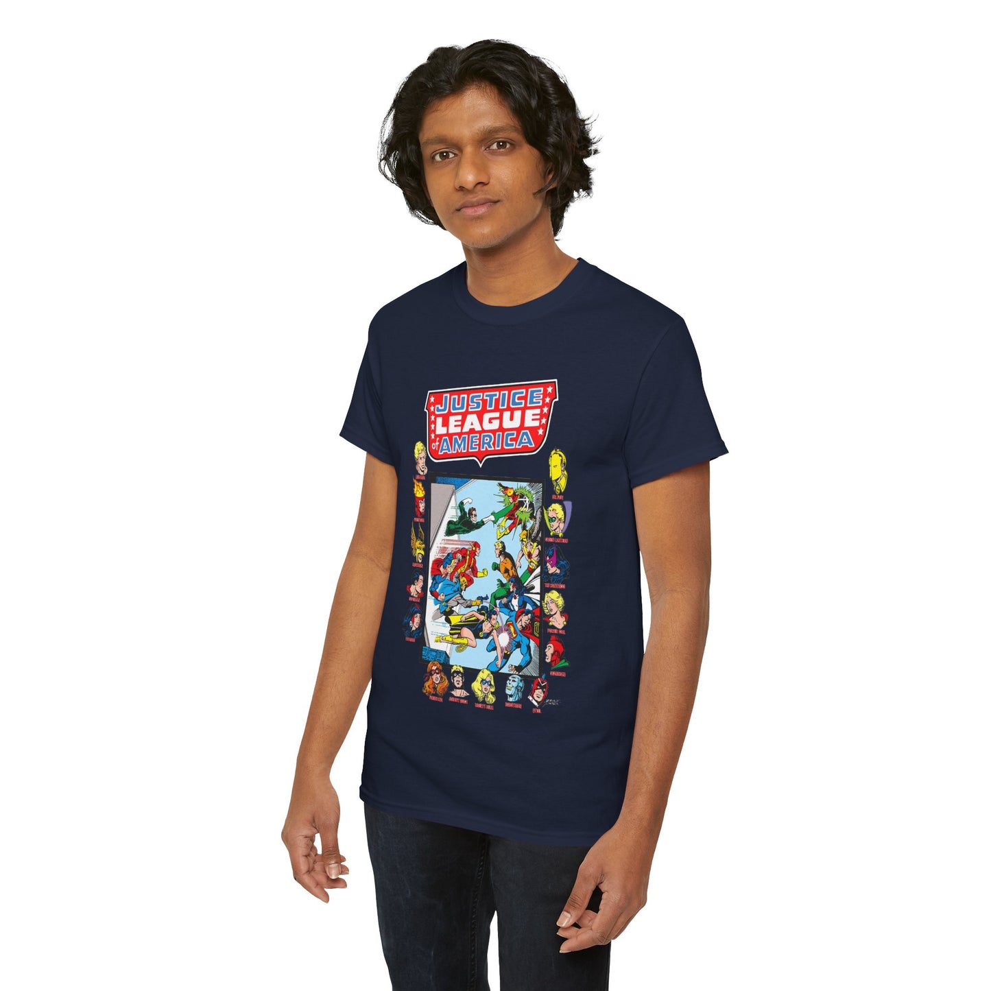 JLA & JSA T-Shirt - George Perez Art - All-Star Squadron - Firestorm, Huntress, Starman, Zatanna, Liberty Belle, Superman, Robotman, Firebrand, Dr Fate - DC Comics