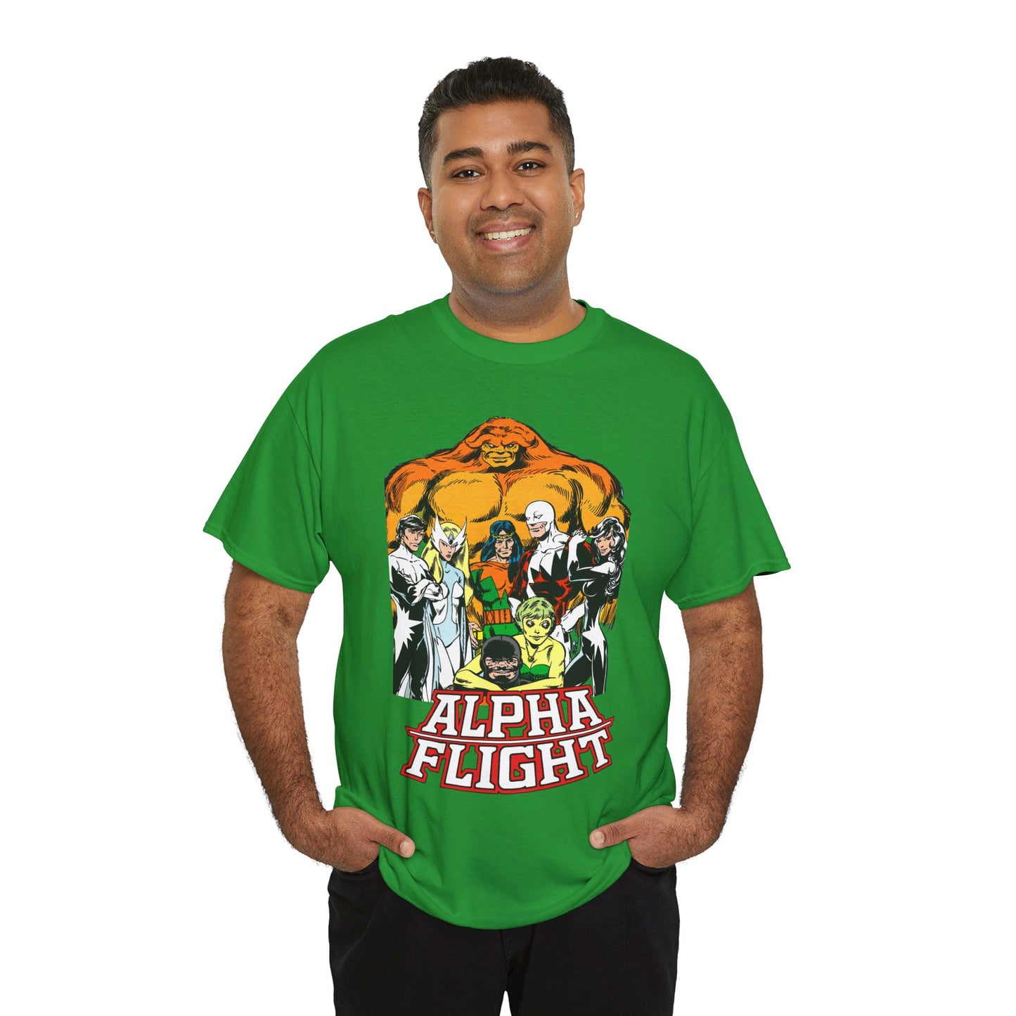 Alpha Flight T-Shirt - John Byrne Art - Northstar, Aurora, Guardian, Puck, Snowbird, Shaman, Sasquatch - Canada's Superhero Team - X-Men Connection - Marvel Comics