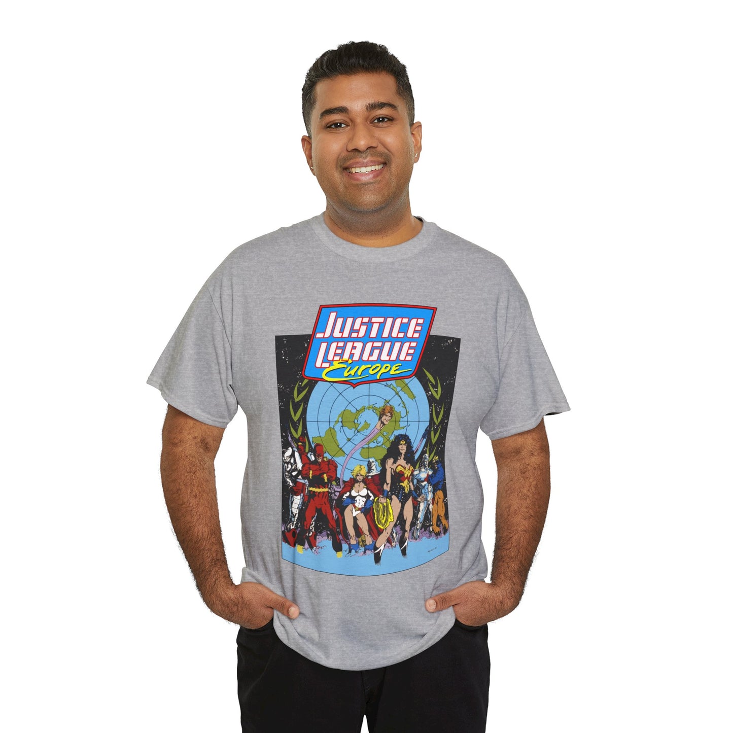 Justice League Europe T-Shirt - Bart Sears Art - Wonder Woman, Flash, Captain Atom, Animal Man, Elongated Man, Power Girl, Metamorpho - JLI Spin-Off - DC Comics