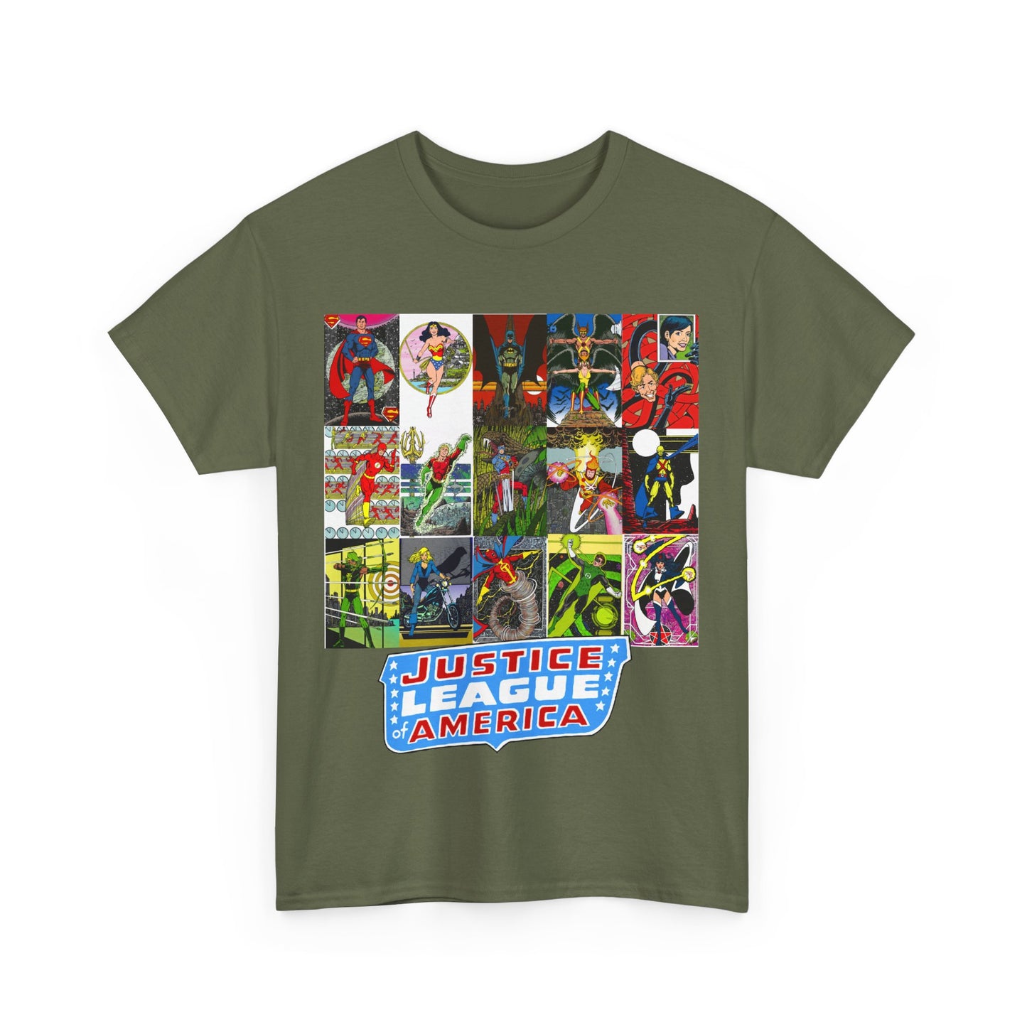 JLA Postcard T-Shirt - George Perez Art - Zatanna, Green Lantern, Flash, Batman, Hawkman, Wonder Woman, Firestorm - Justice League of America - DC Comics