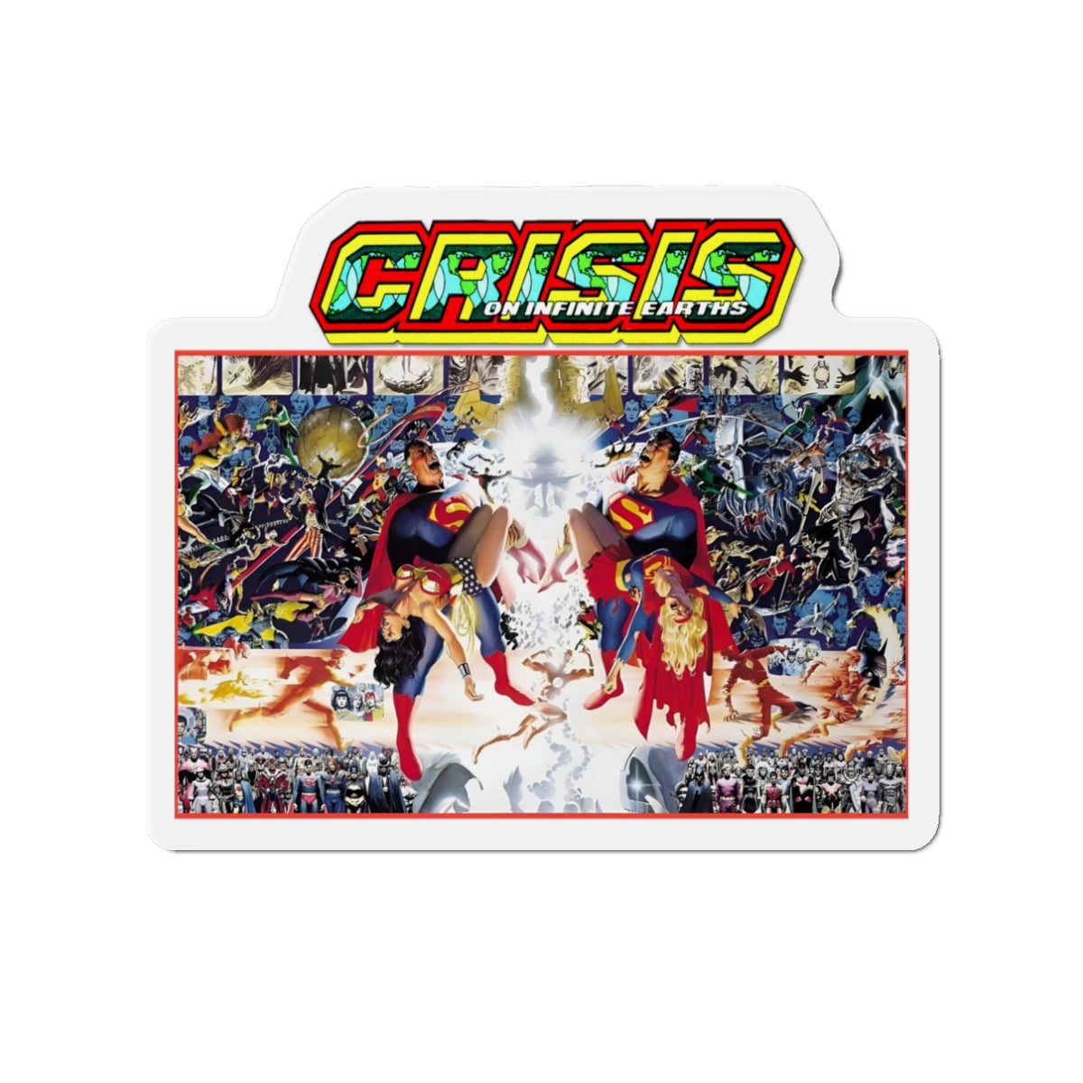 Crisis on Infinite Earths Die-Cut Magnet - George Perez & Alex Ross Art - Superman, Wonder Woman, Supergirl, Flash - DC Comics Classic Image - 3", 4", 5", 6"