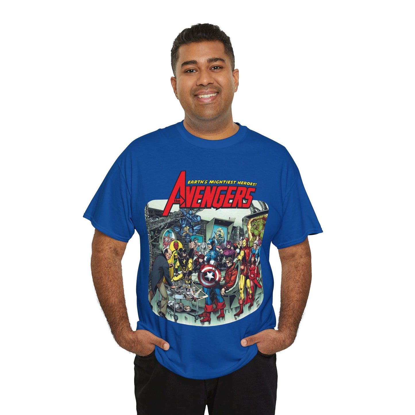 Classic Avengers T-Shirt - George Perez Art - Captain America, Hawkeye, Iron Man, Vision, Scarlet Witch, Quicksilver, Jarvis - Marvel Comics