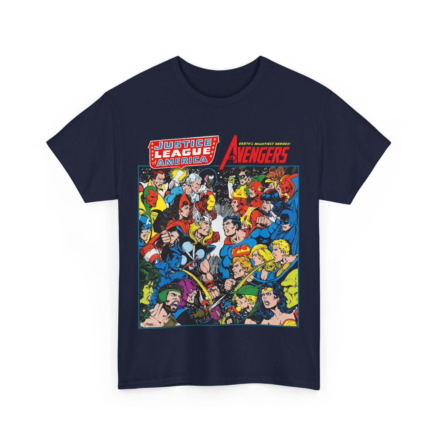 Justice League/Avengers T-Shirt - DC & Marvel Comics Art - George Perez - JLA - Batman, Captain America, Iron Man, Green Lantern