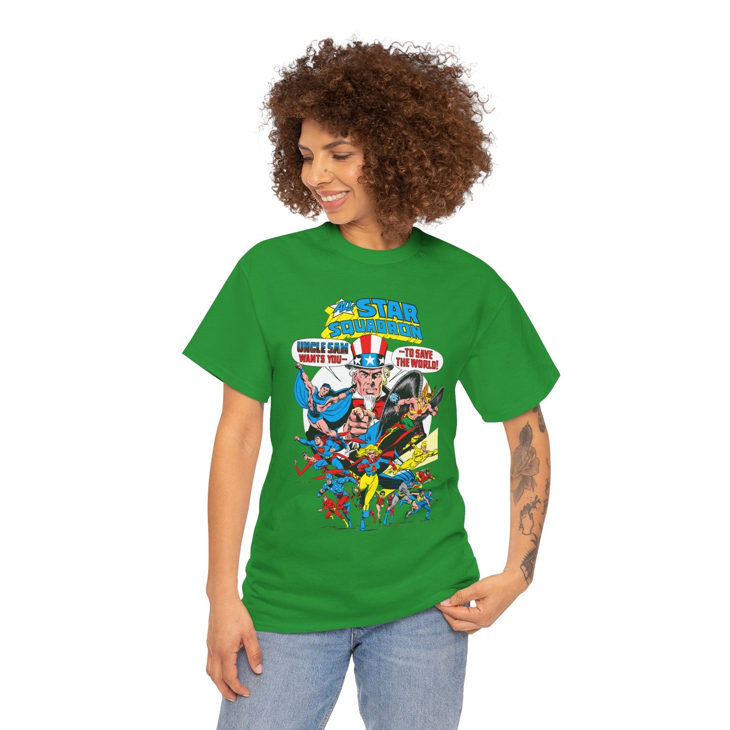 All-Star Squadron T-Shirt - Jerry Ordway Art - Uncle Sam, Hawkman, Superman, Liberty Belle, Black Condor, the Ray, Batman, Plastic Man - JSA Link - DC Comics