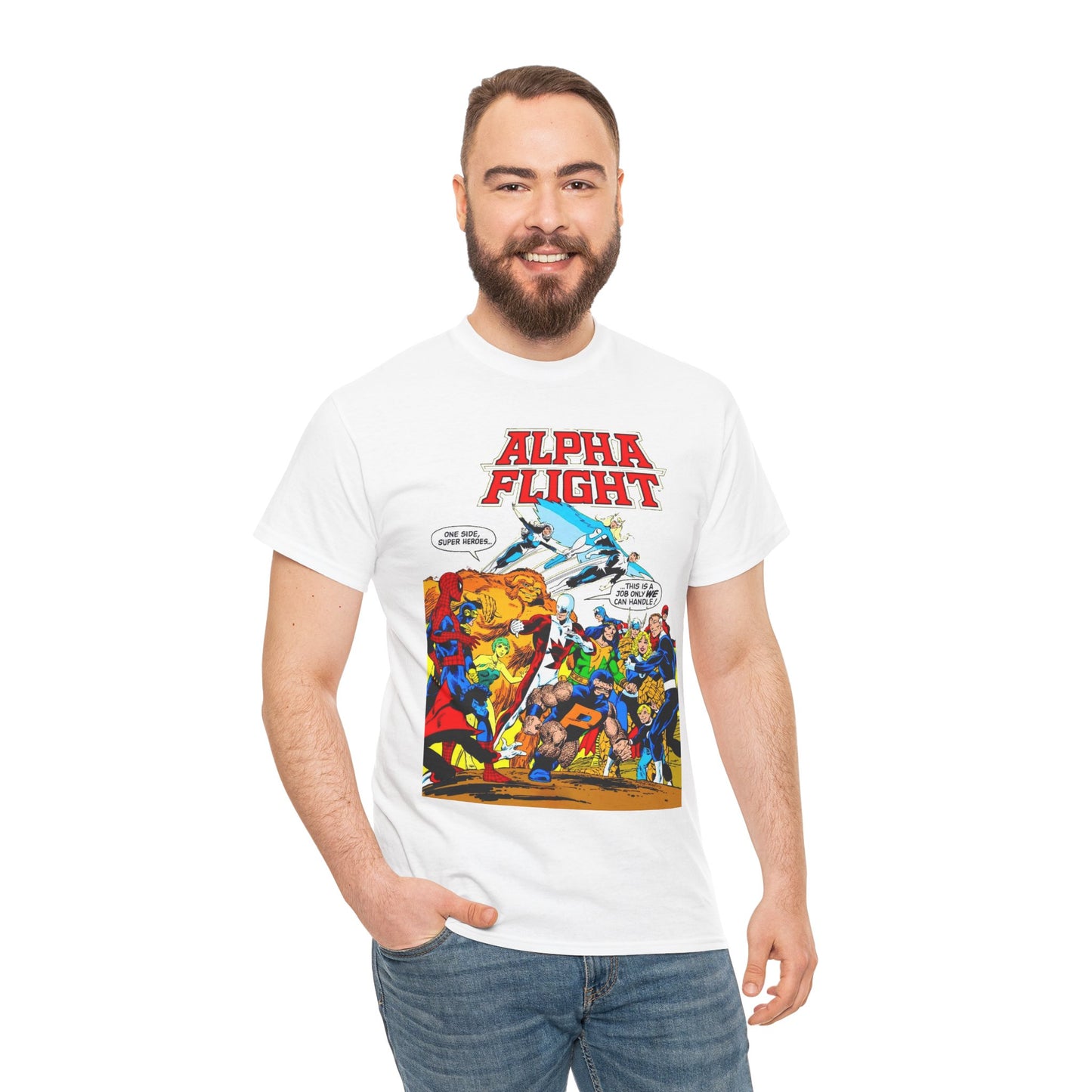 Alpha Flight T-Shirt - John Byrne Art - Sasquatch, Aurora, Northstar, Guardian, Puck, Shaman, Snowbird - Canada's Super Team - Marvel Comics