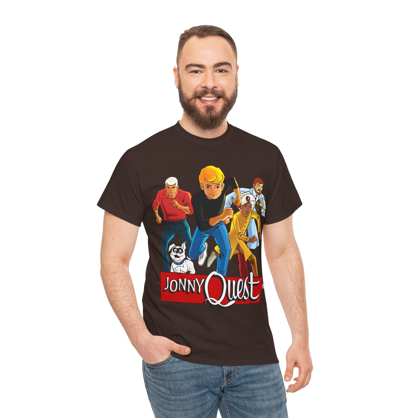 Jonny Quest T-Shirt - Popular Hanna-Barbera Cartoon Characters from the 1960s Adventure TV Show - Dr Benton, Hadji, Race Bannon, Bandit the Dog