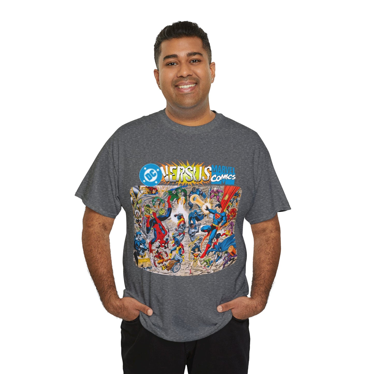 DC Comics Vs Marvel T-Shirt - John Byrne Art - Spider-Man, Raven, Cyborg, Wolverine, Joker, Superman, Batman, Deathstroke, Darkseid