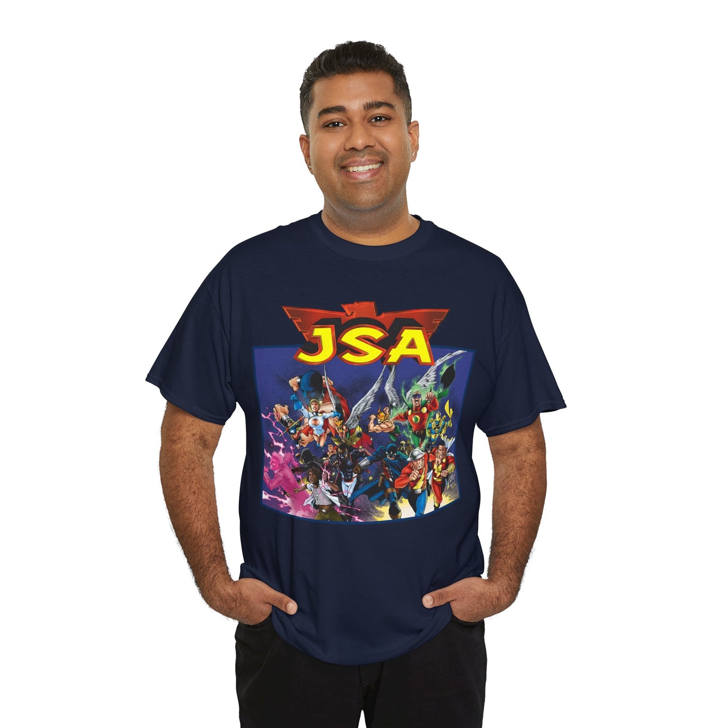 JSA T-Shirt - Carlos Pacheco Art - Green Lantern, Power Girl, Hawkgirl, Black Adam, Flash, Dr Fate, Hawkman - DC Comics - Justice Society of America