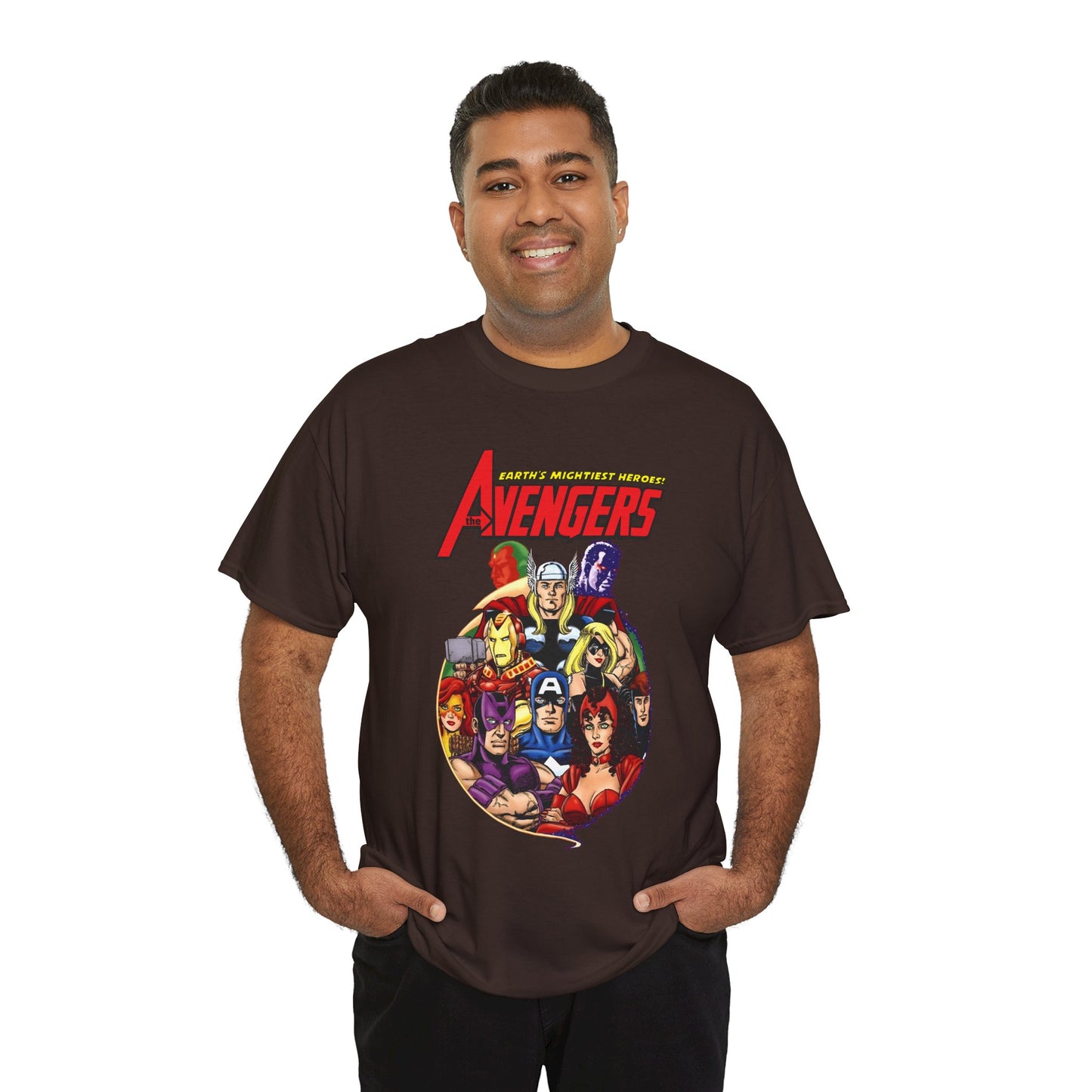 Avengers T-Shirt - George Perez Art - Captain America, Vision, Wonder Man, Iron Man, Thor, Hawkeye, Scarlet Witch - Popular Marvel Comics Characters