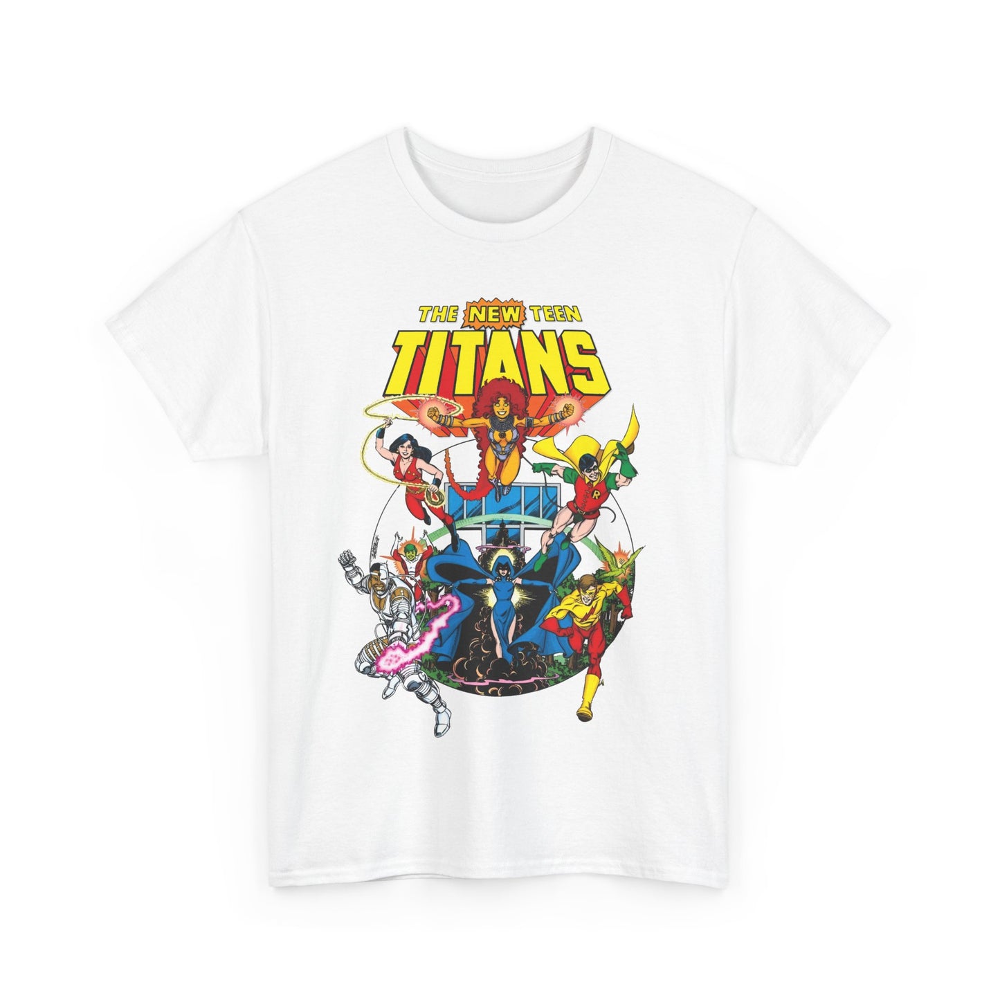 New Teen Titans T-Shirt - Classic George Perez Art - Cyborg, Raven, Starfire, Robin, Wonder Girl, Changeling, Kid Flash - Titans Tower - Popular DC Comics 1980s Series