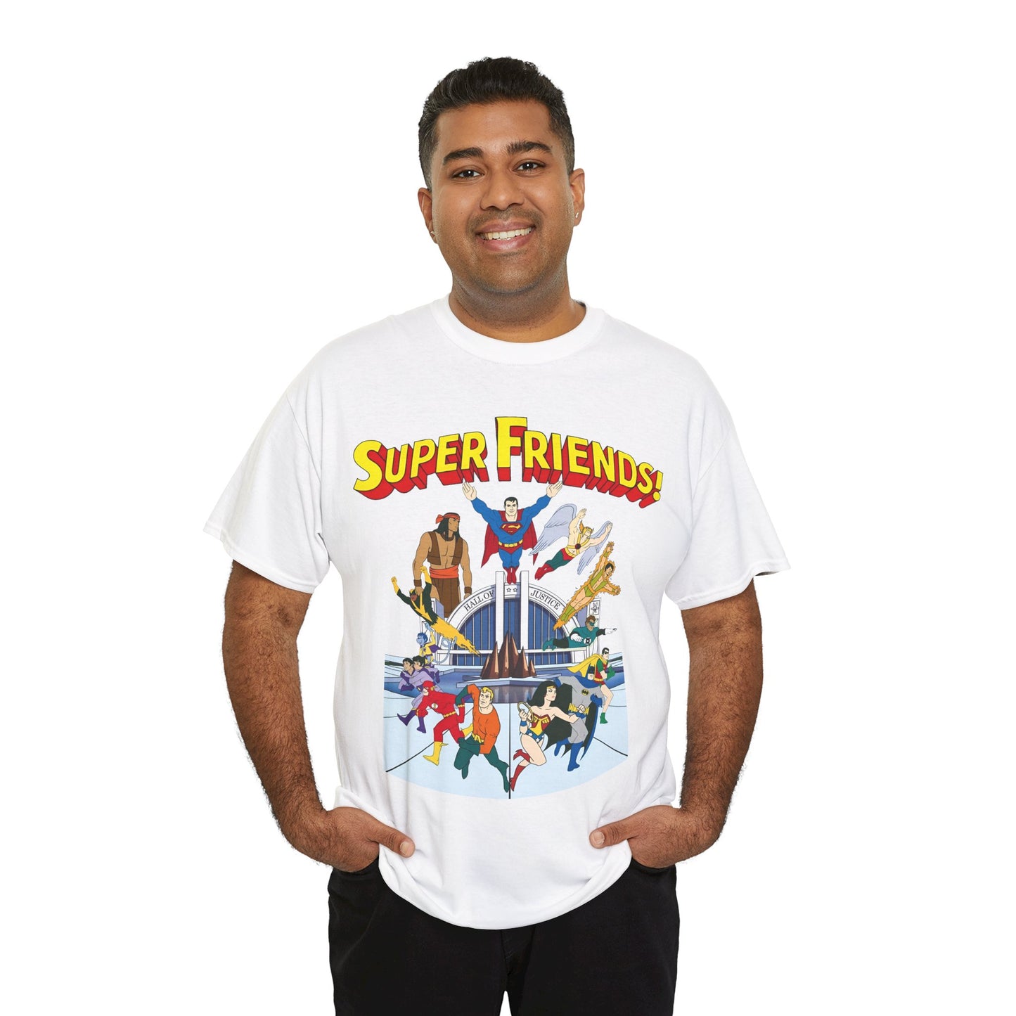 Super Friends T-Shirt - DC Hanna-Barbera - Superman, Wonder Woman, Black Vulcan, Batman, The Wonder Twins, Apache Chief, Hall of Justice