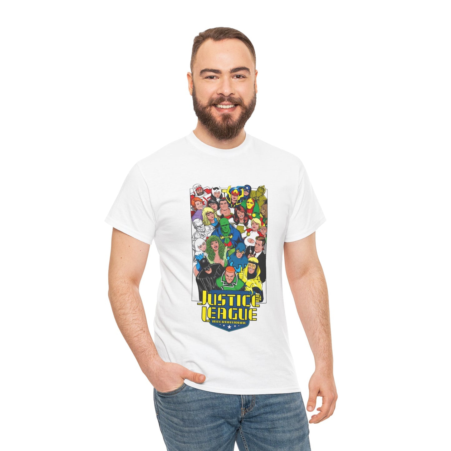 Justice League International T-Shirt - DC Comics - JLI - Kevin Maguire Art - Blue Beetle, Booster Gold, Martian Manhunter, Captain Atom
