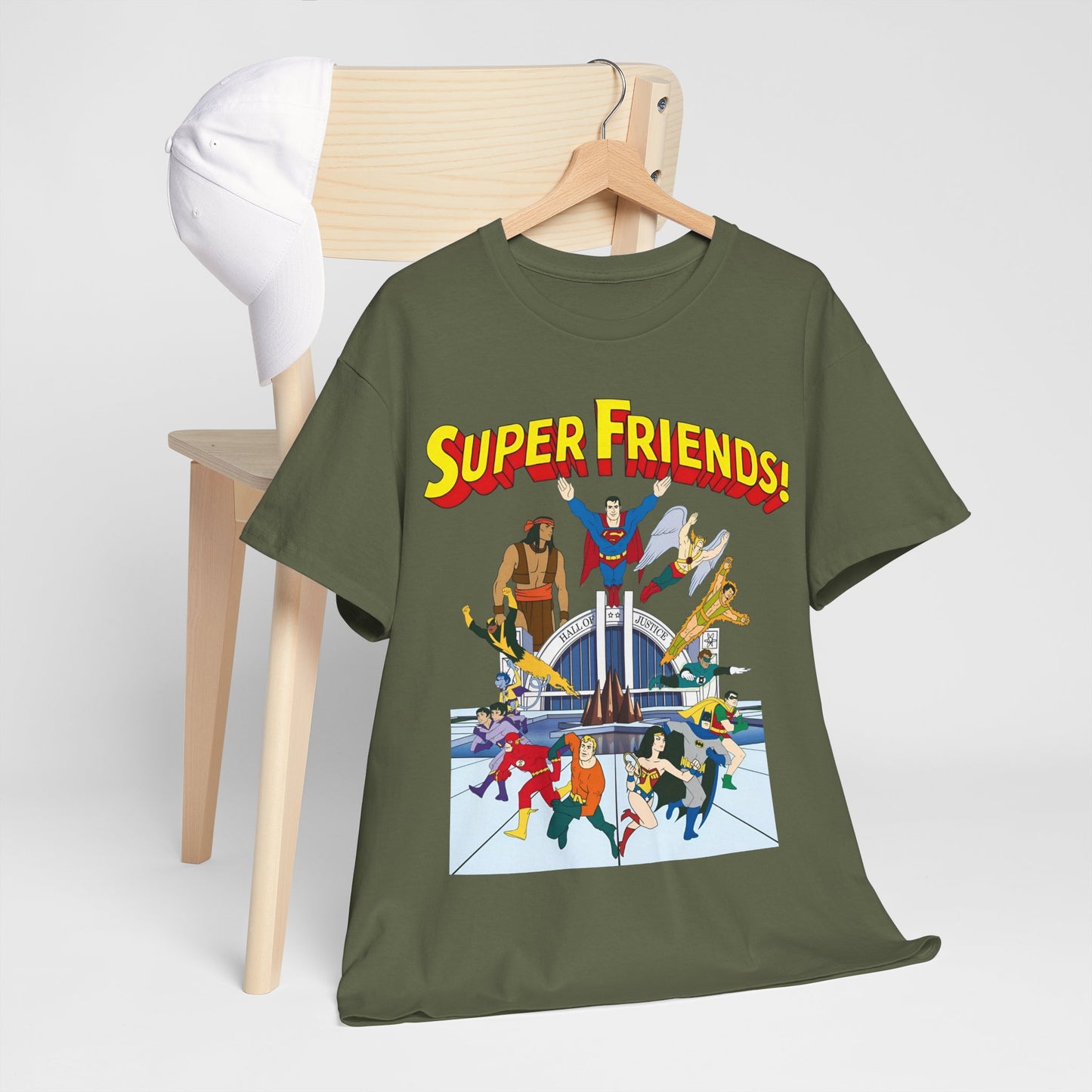 Super Friends T-Shirt - DC Hanna-Barbera - Superman, Wonder Woman, Black Vulcan, Batman, The Wonder Twins, Apache Chief, Hall of Justice