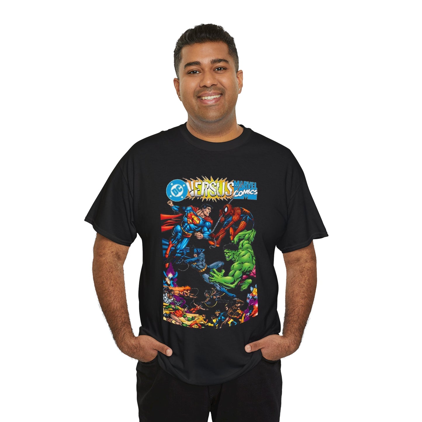 DC Comics Vs Marvel Comics T-Shirt - George Perez Art - Superman, Hulk, Batman, Spider-man, X-Men, New Teen Titans