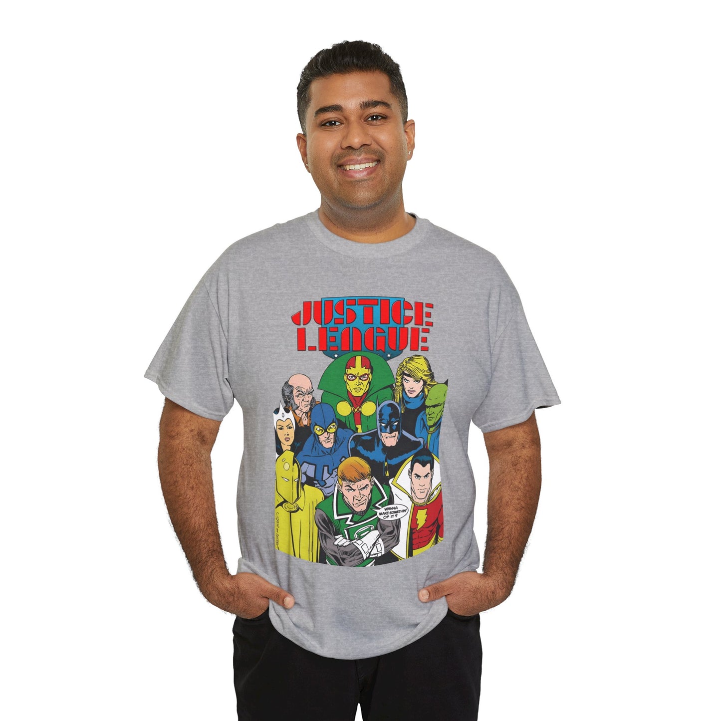 Justice League International T-Shirt - Kevin Maguire Art - JLI - DC Comics - Blue Beetle, Dr Fate, Batman, Mr Miracle, Martian Manhunter - Guy Gardner