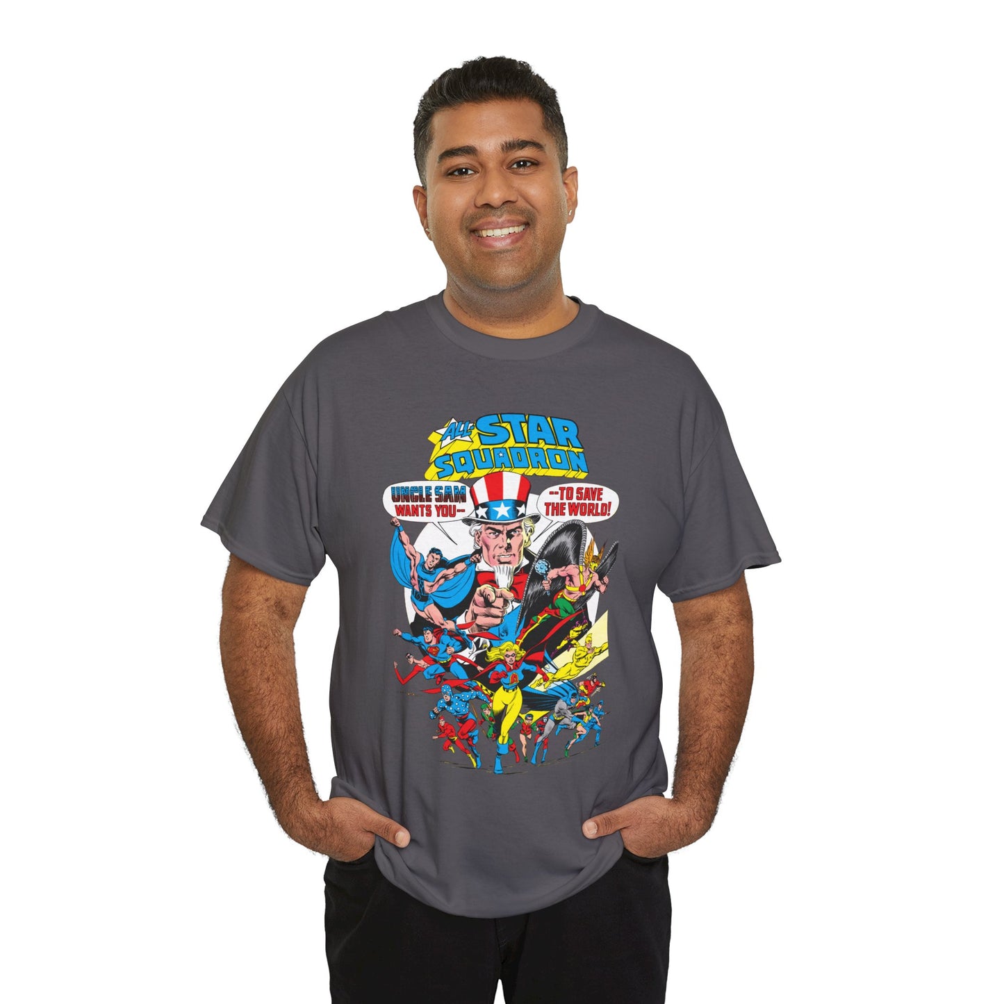 All-Star Squadron T-Shirt - Jerry Ordway Art - Uncle Sam, Hawkman, Superman, Liberty Belle, Black Condor, the Ray, Batman, Plastic Man - JSA Link - DC Comics