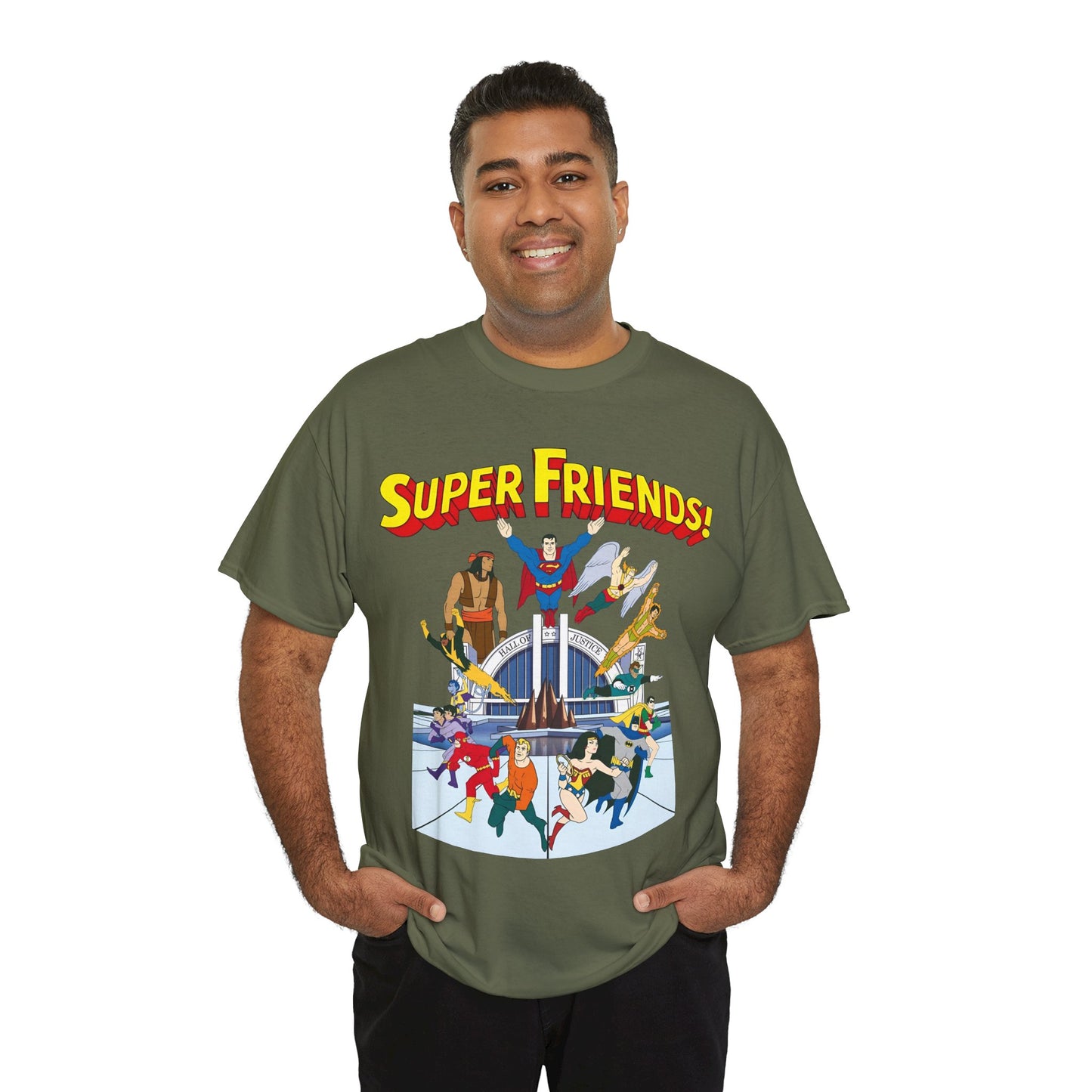 Super Friends T-Shirt - DC Hanna-Barbera - Superman, Wonder Woman, Black Vulcan, Batman, The Wonder Twins, Apache Chief, Hall of Justice