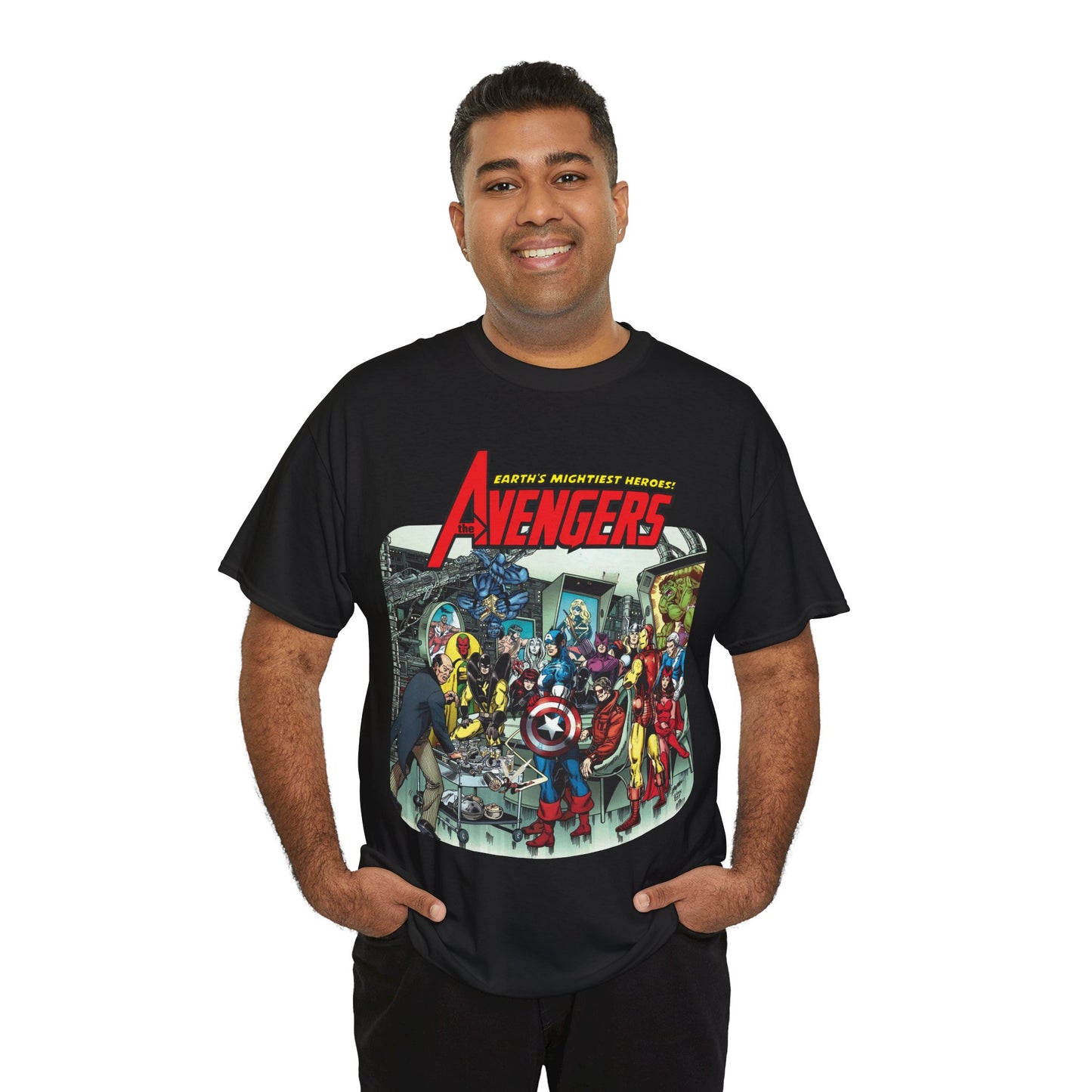 Classic Avengers T-Shirt - George Perez Art - Captain America, Hawkeye, Iron Man, Vision, Scarlet Witch, Quicksilver, Jarvis - Marvel Comics