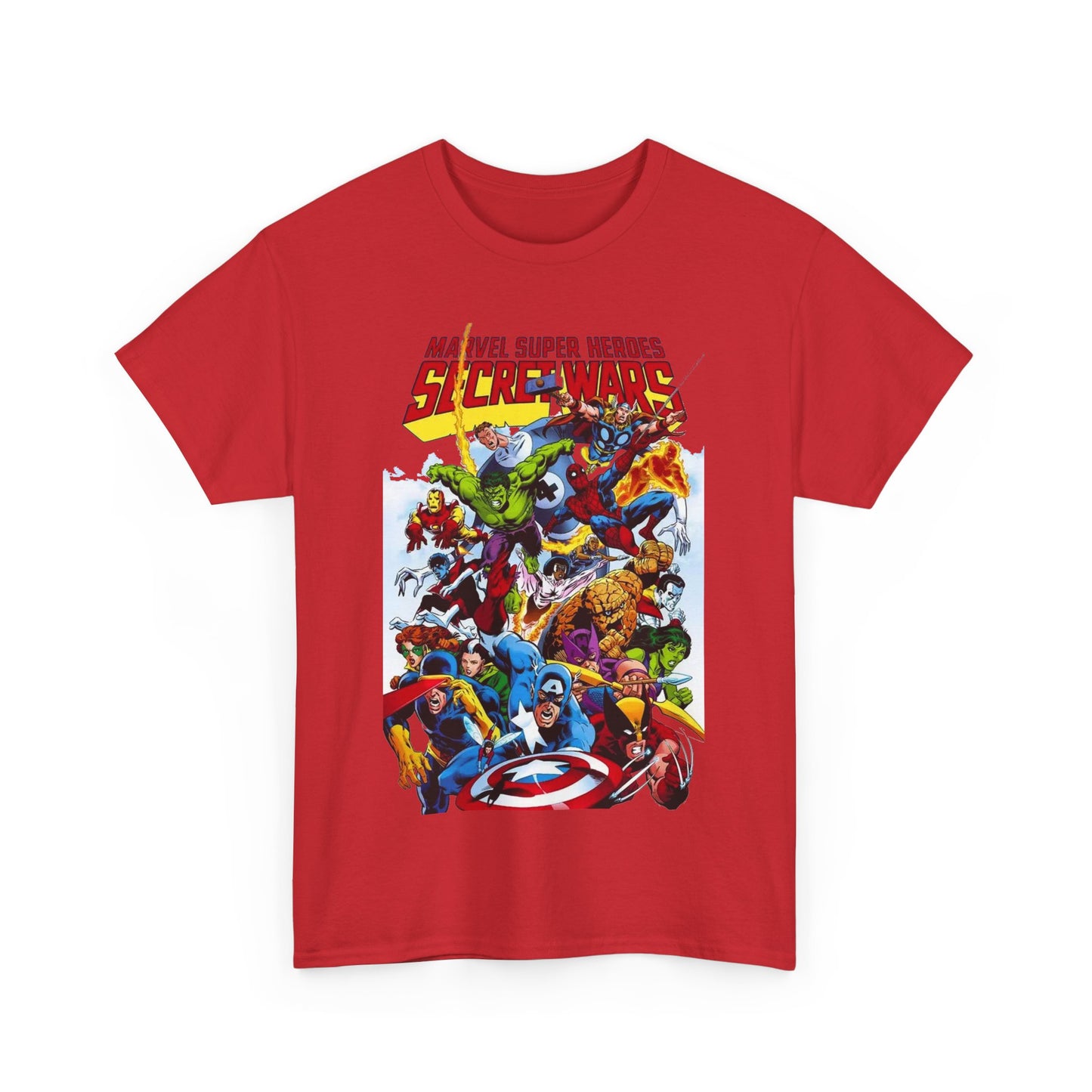 Secret Wars T-Shirt - Spider-man, Wolverine, Iron Man, Captain America, Cyclops, Rogue, Hulk, Mr Fantastic, The Thing - Classic Marvel Comics 1980s Series - The Beyonder
