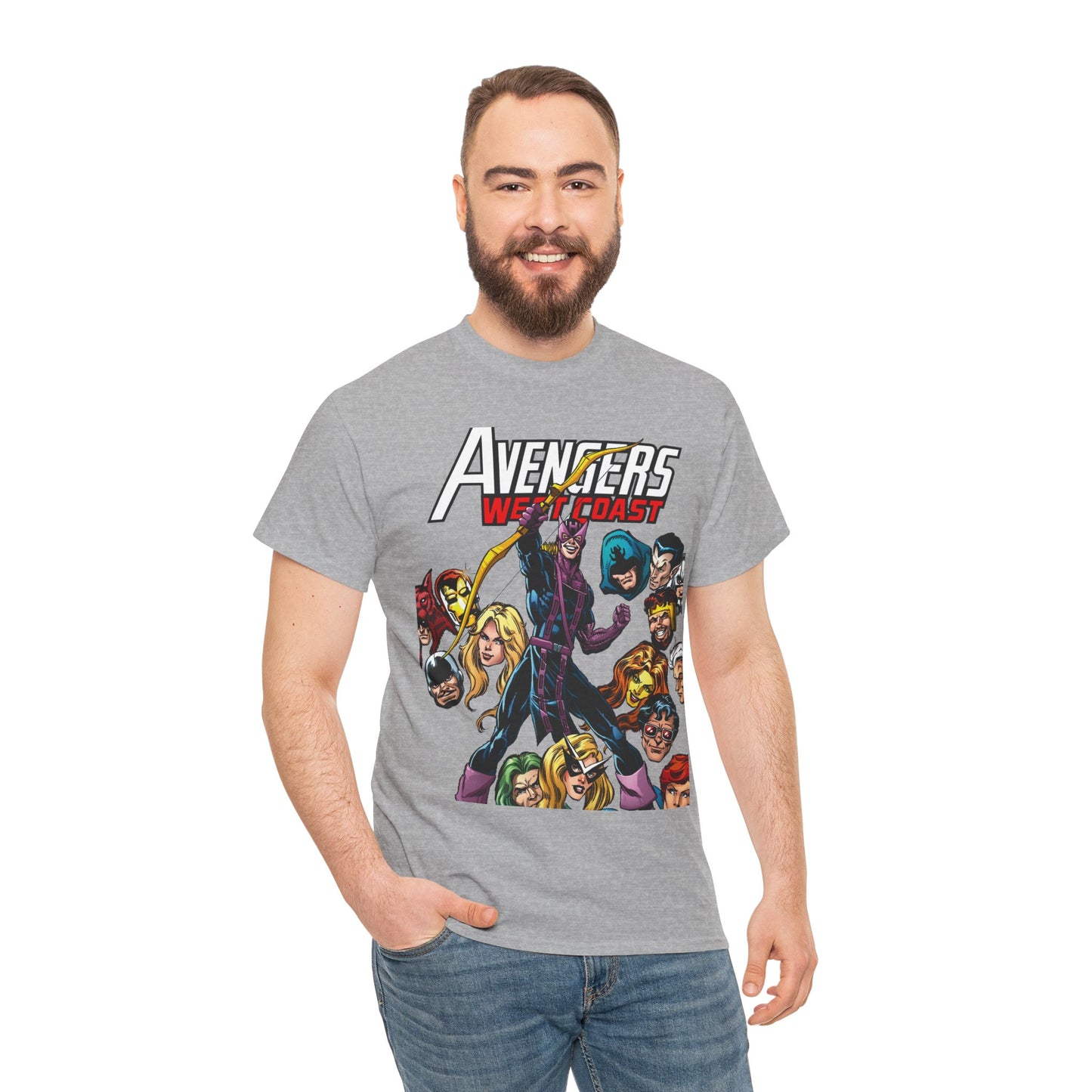 Avengers West Coast T-Shirt - Bob Hall Art - Hawkeye, Iron Man, Wonder Man, Tigra, Mockingbird - Marvel Comics Team