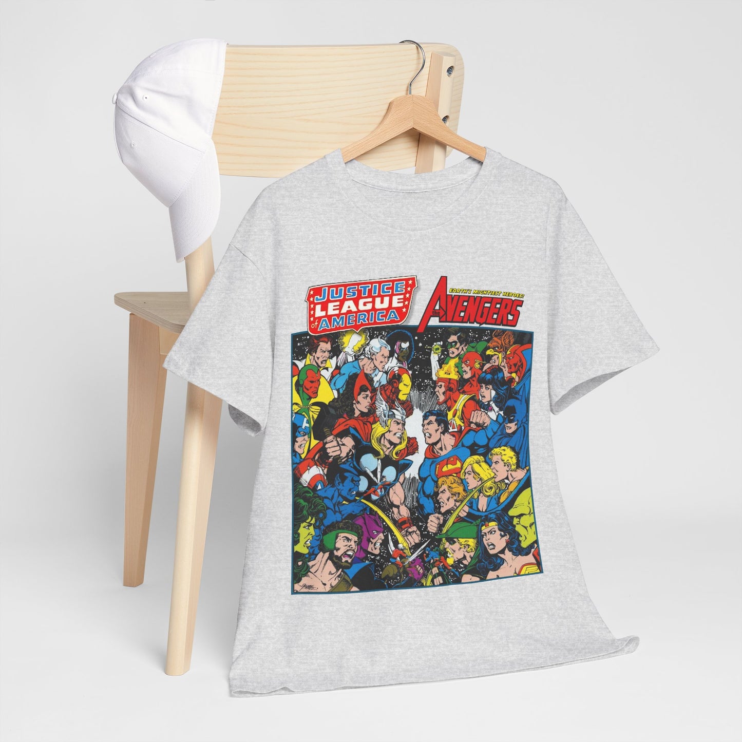 Justice League/Avengers T-Shirt - DC & Marvel Comics Art - George Perez - JLA - Batman, Captain America, Iron Man, Green Lantern