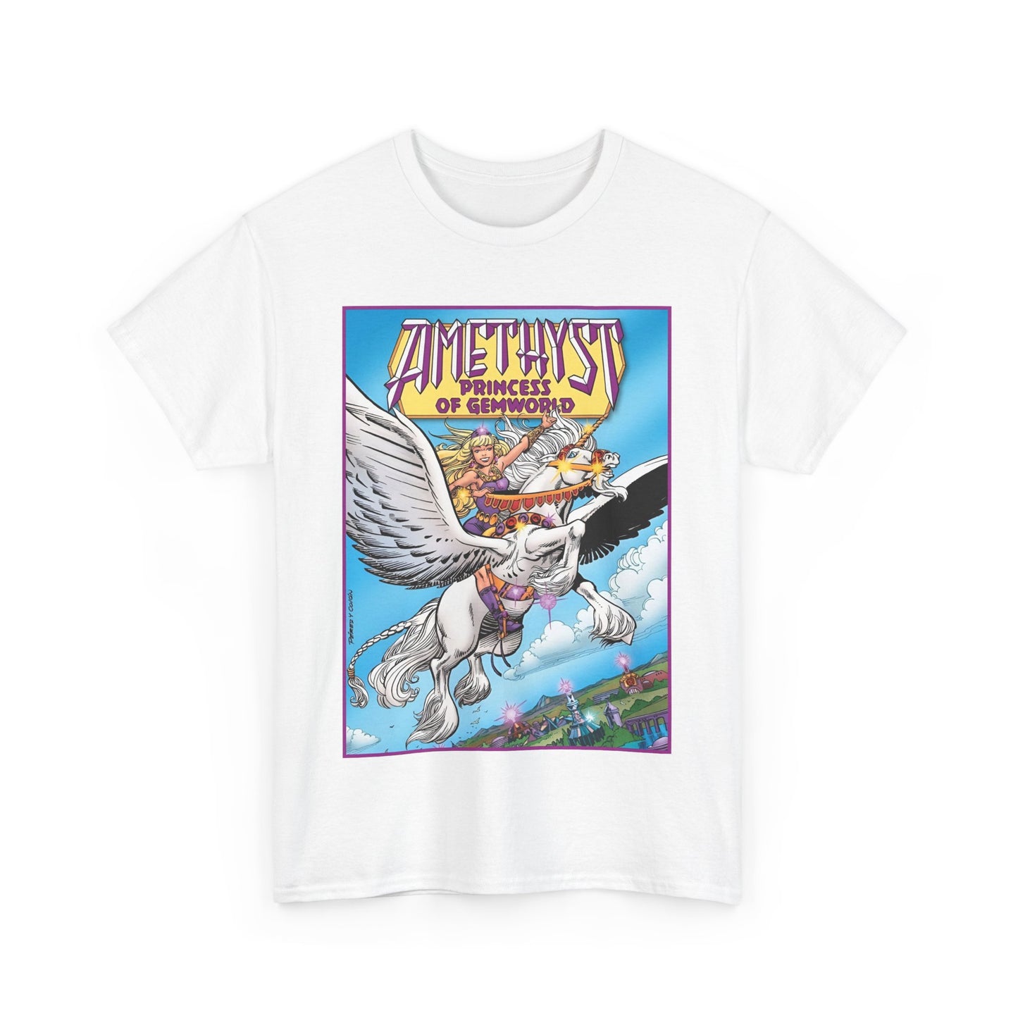 Amethyst Princess of Gemworld T-Shirt - George Perez Art - DC Comics 1980s Series - Riding a Unicorn
