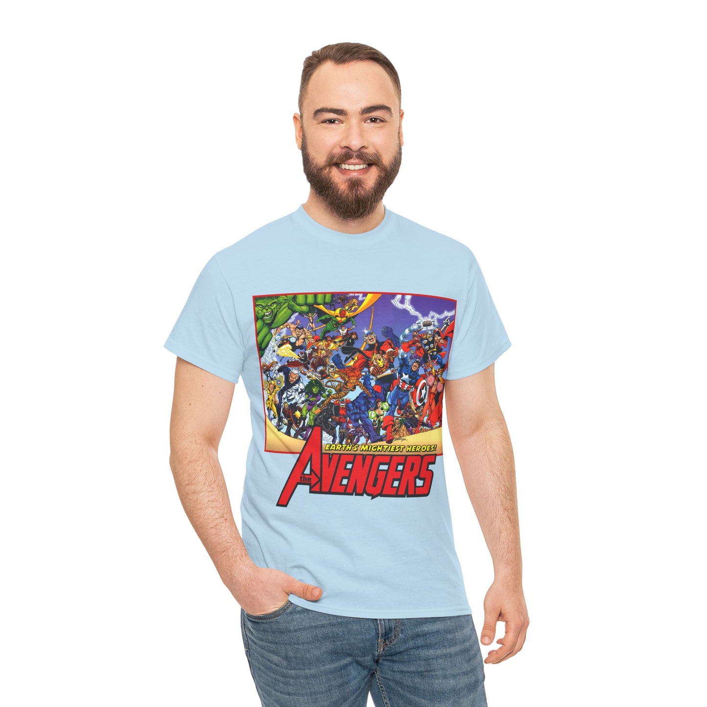 Avengers T-Shirt - George Perez Art - Marvel Comics - Captain America, Iron Man, Thor, She-Hulk, Hawkeye, Vision, Quicksilver - Classic Cover