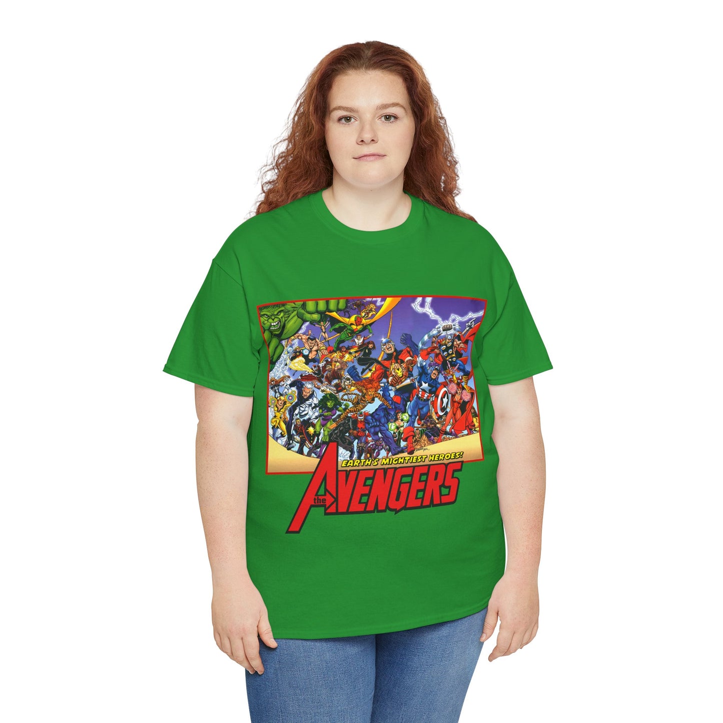 Avengers T-Shirt - George Perez Art - Marvel Comics - Captain America, Iron Man, Thor, She-Hulk, Hawkeye, Vision, Quicksilver - Classic Cover