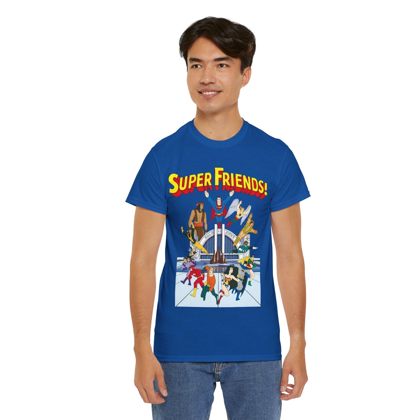 Super Friends T-Shirt - DC Hanna-Barbera - Superman, Wonder Woman, Black Vulcan, Batman, The Wonder Twins, Apache Chief, Hall of Justice