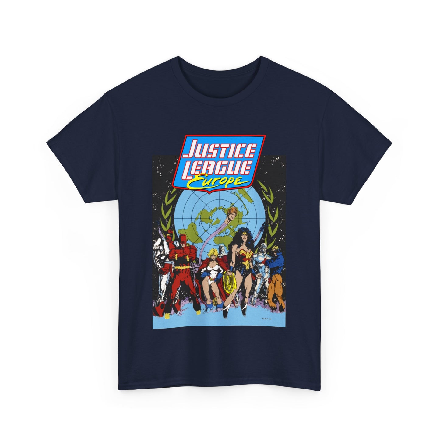 Justice League Europe T-Shirt - Bart Sears Art - Wonder Woman, Flash, Captain Atom, Animal Man, Elongated Man, Power Girl, Metamorpho - JLI Spin-Off - DC Comics