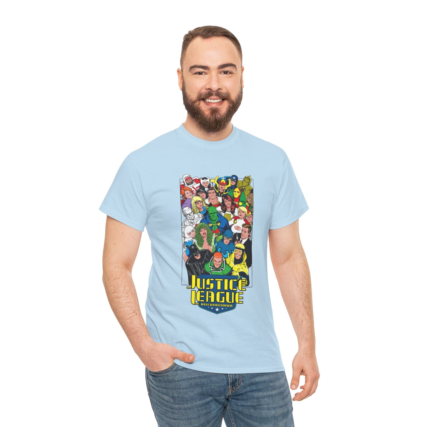 Justice League International T-Shirt - DC Comics - JLI - Kevin Maguire Art - Blue Beetle, Booster Gold, Martian Manhunter, Captain Atom