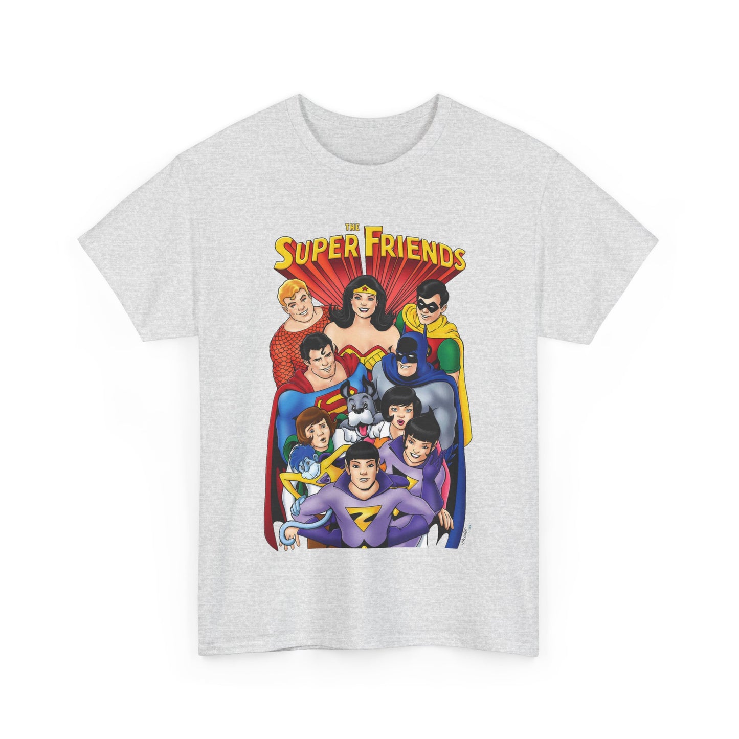 Super Friends T-Shirt - Kevin Maguire Art - Wonder Twins, Gleek, Superman, Wonder Woman Batman - DC Comics - Based on 1970s Hanna-Barbera Cartoon