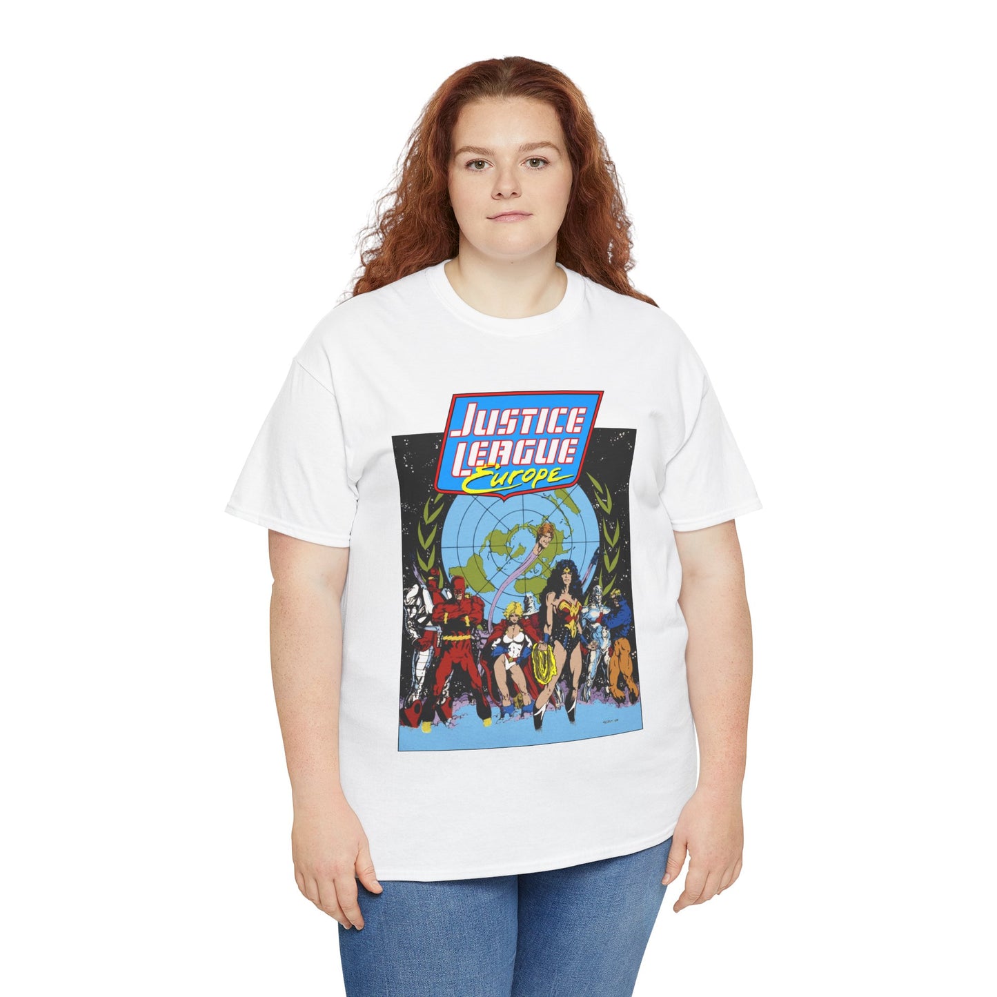 Justice League Europe T-Shirt - Bart Sears Art - Wonder Woman, Flash, Captain Atom, Animal Man, Elongated Man, Power Girl, Metamorpho - JLI Spin-Off - DC Comics