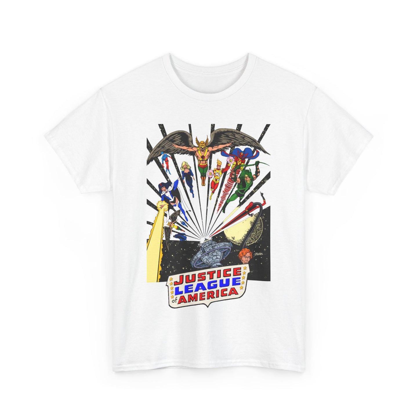 Justice League of America T-Shirt - George Perez Art - Bronze Age Satellite Era - DC Comics - Hawkman, Zatanna, Atom, Firestorm, Elongated Man, Green Arrow