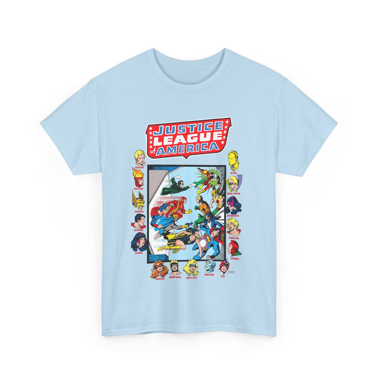 JLA & JSA T-Shirt - George Perez Art - All-Star Squadron - Firestorm, Huntress, Starman, Zatanna, Liberty Belle, Superman, Robotman, Firebrand, Dr Fate - DC Comics