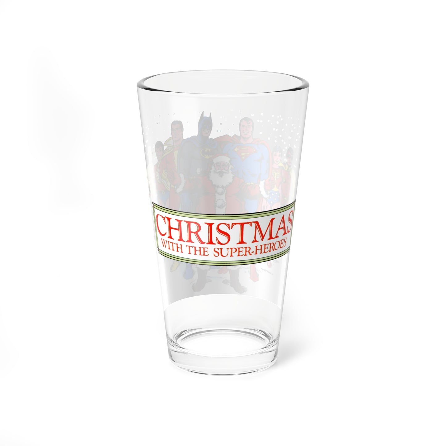 DC Superheroes & Santa Claus Christmas Pint Glass, 16oz - Superman, Batman, Captain Marvel, Robin, Wonder Girl, Kid Flash, Aqualad