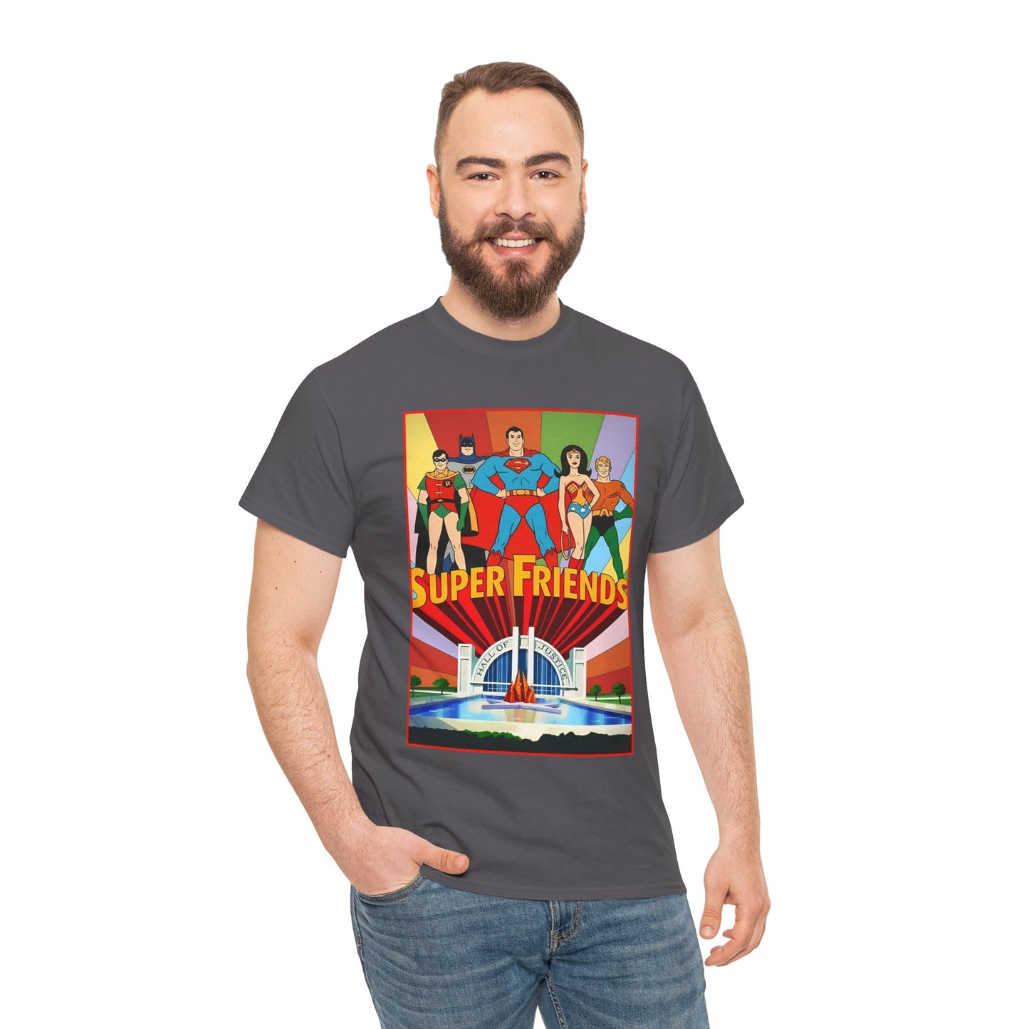 Super Friends T-Shirt - Batman, Superman, Wonder Woman, Robin - Hanna-Barbera Cartoon - DC Comics - Hall of Justice