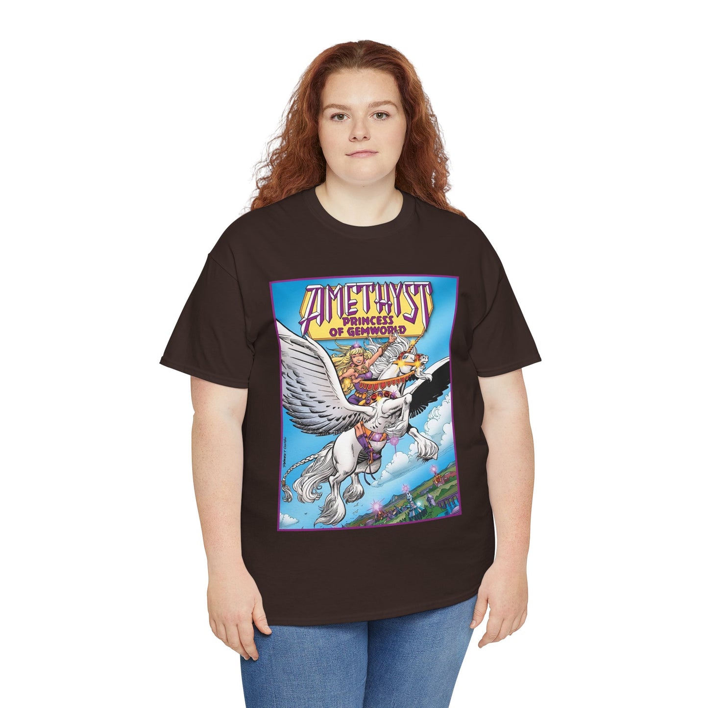Amethyst Princess of Gemworld T-Shirt - George Perez Art - DC Comics 1980s Series - Riding a Unicorn