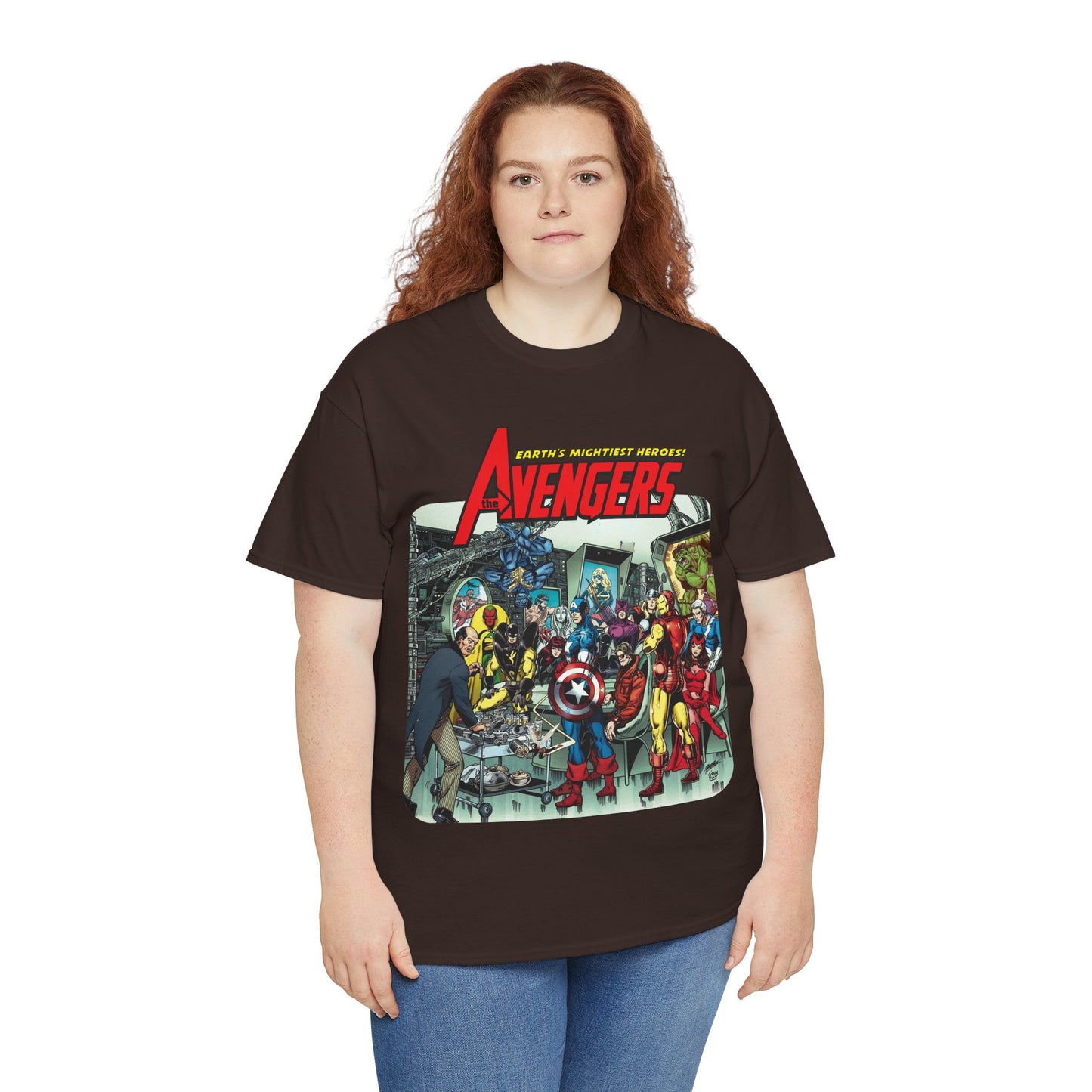 Classic Avengers T-Shirt - George Perez Art - Captain America, Hawkeye, Iron Man, Vision, Scarlet Witch, Quicksilver, Jarvis - Marvel Comics