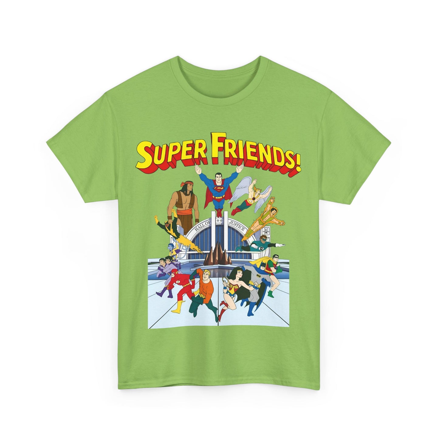 Super Friends T-Shirt - DC Hanna-Barbera - Superman, Wonder Woman, Black Vulcan, Batman, The Wonder Twins, Apache Chief, Hall of Justice