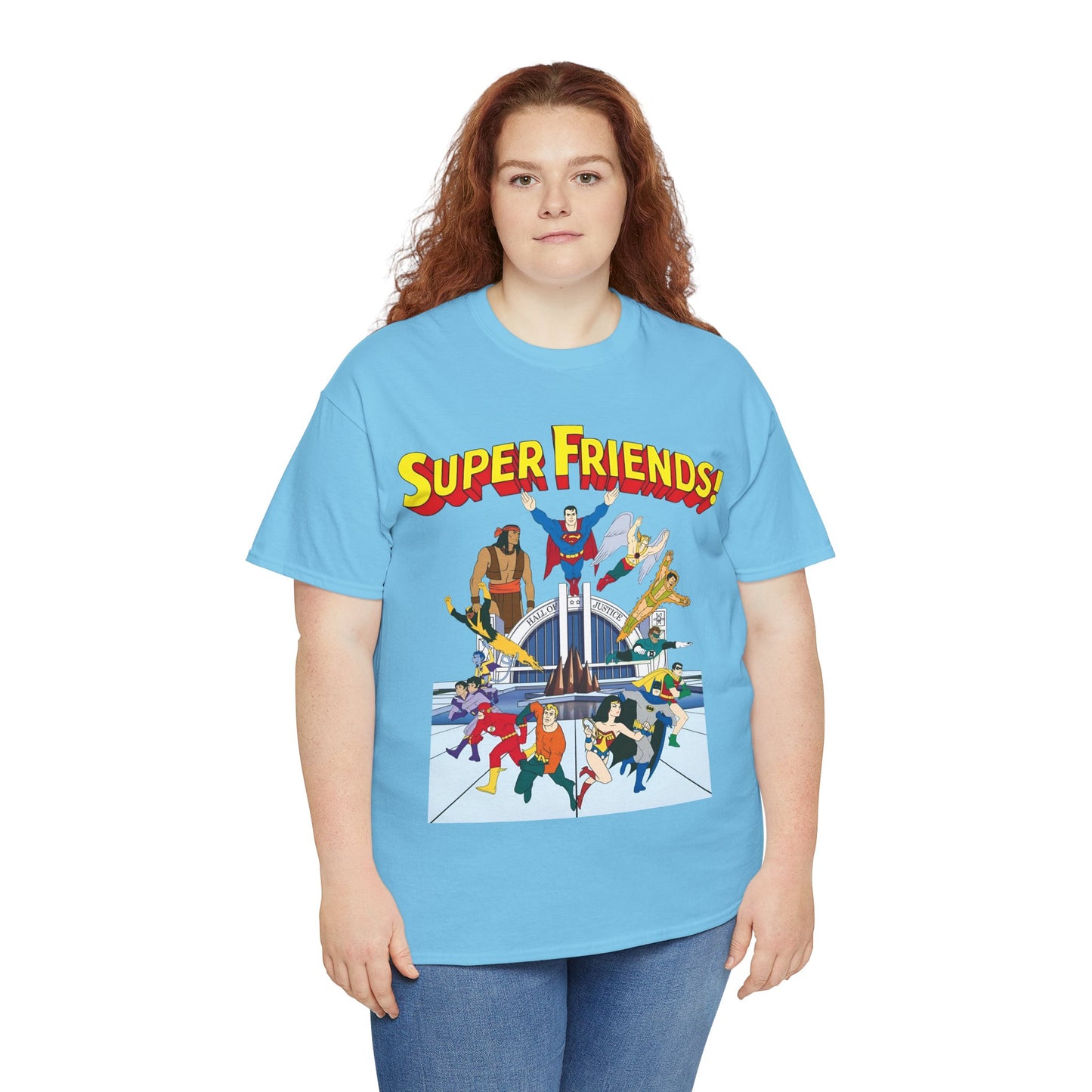 Super Friends T-Shirt - DC Hanna-Barbera - Superman, Wonder Woman, Black Vulcan, Batman, The Wonder Twins, Apache Chief, Hall of Justice