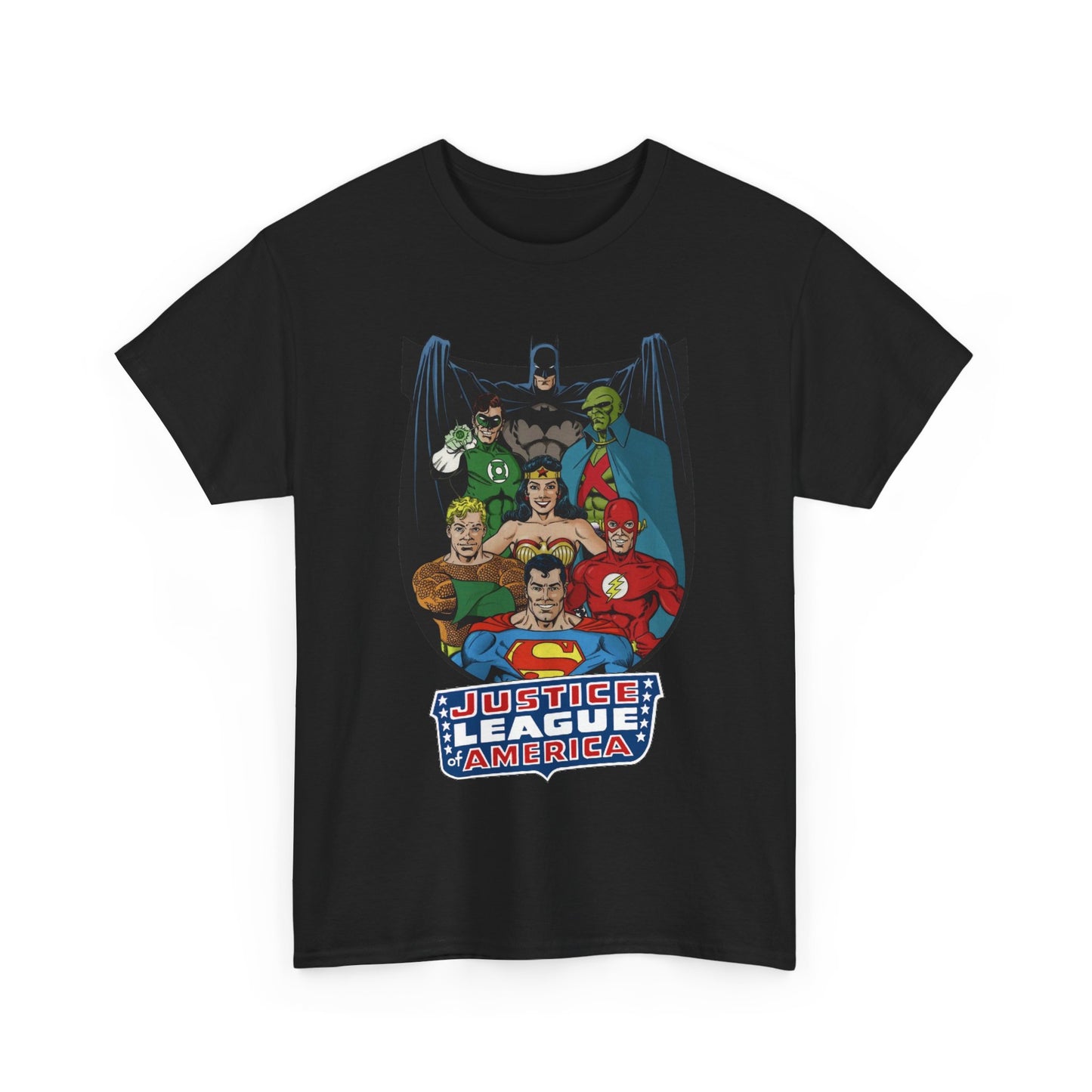 Justice League of America T-Shirt - George Perez Art - Superman, Wonder Woman, Batman, Aquaman, Martian Manhunter, Flash, Green Lantern - DC Comics