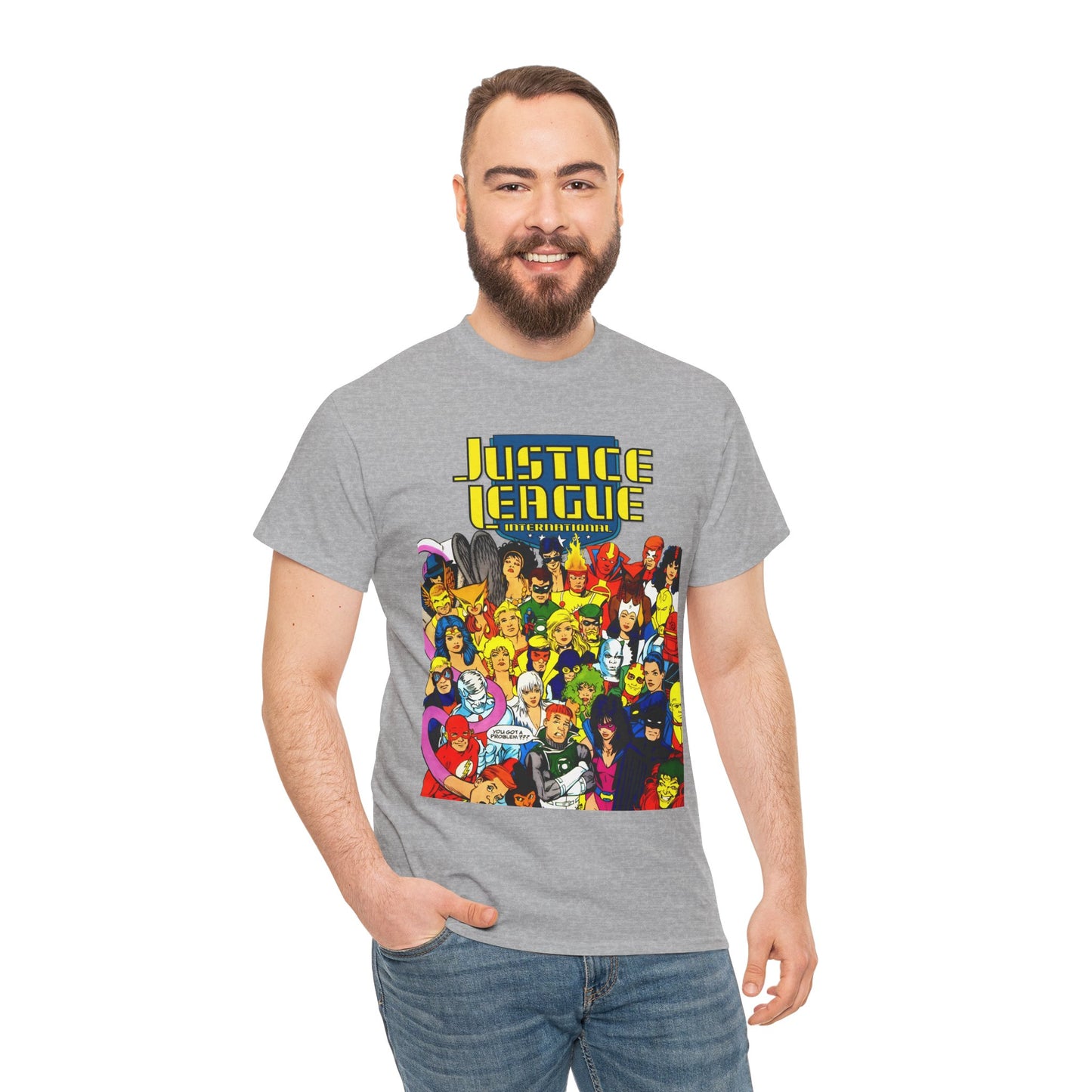 Justice League International T-Shirt - Kevin Maguire DC Comics Sourcebook Art - Booster Gold, Blue Beetle, Batman, Martian Manhunter, Captain Atom, Fire, Ice, Guy Gardner