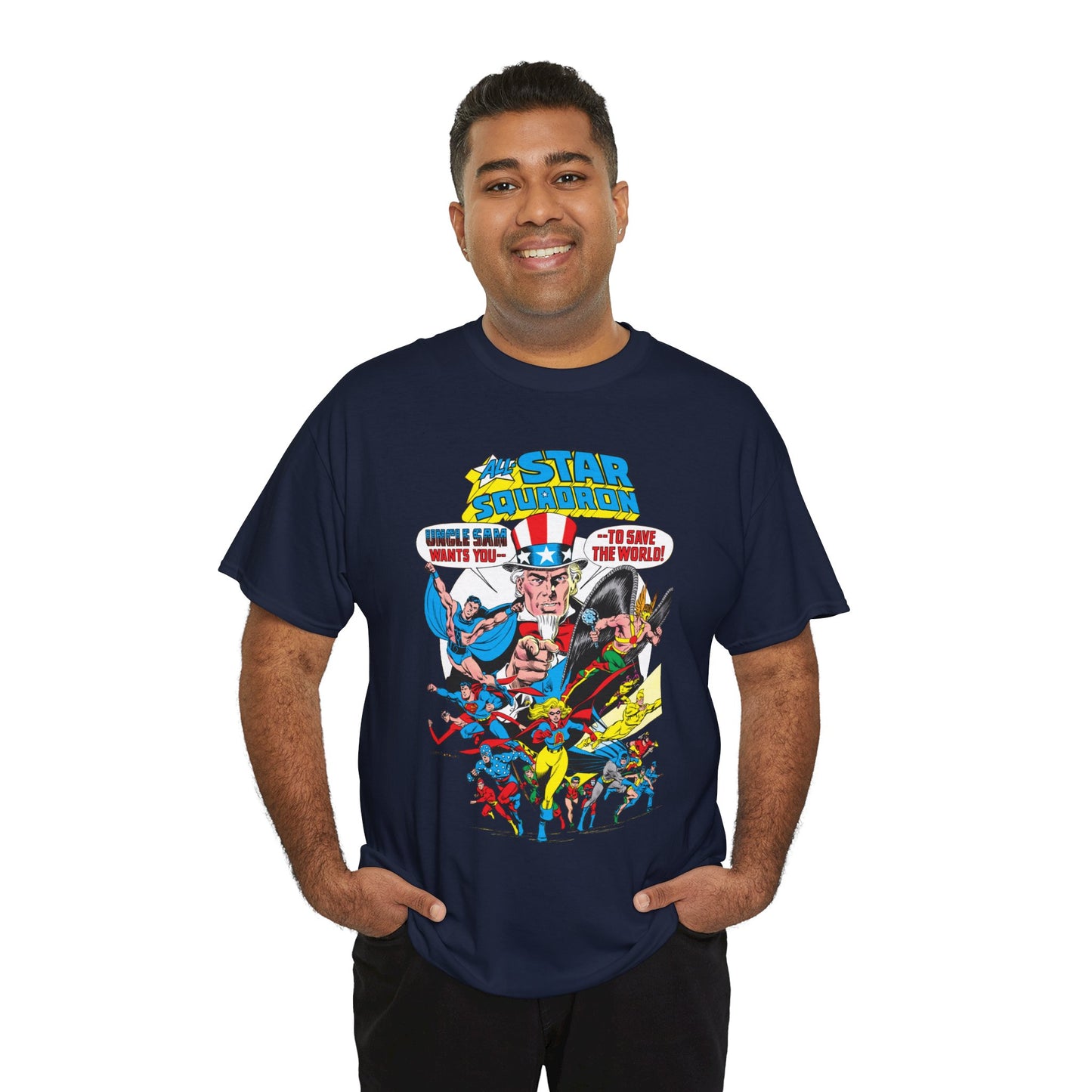 All-Star Squadron T-Shirt - Jerry Ordway Art - Uncle Sam, Hawkman, Superman, Liberty Belle, Black Condor, the Ray, Batman, Plastic Man - JSA Link - DC Comics