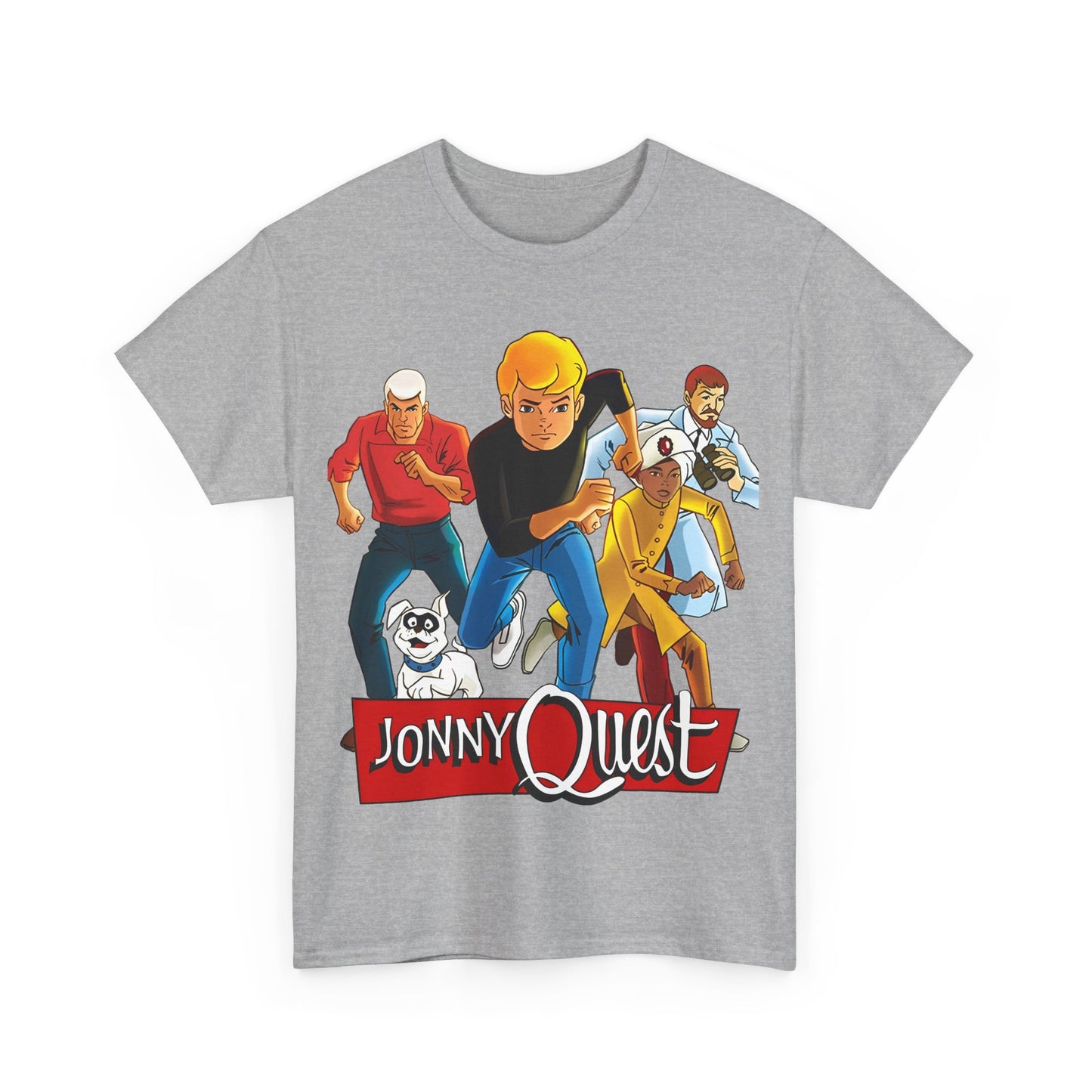 Jonny Quest T-Shirt - Popular Hanna-Barbera Cartoon Characters from the 1960s Adventure TV Show - Dr Benton, Hadji, Race Bannon, Bandit the Dog