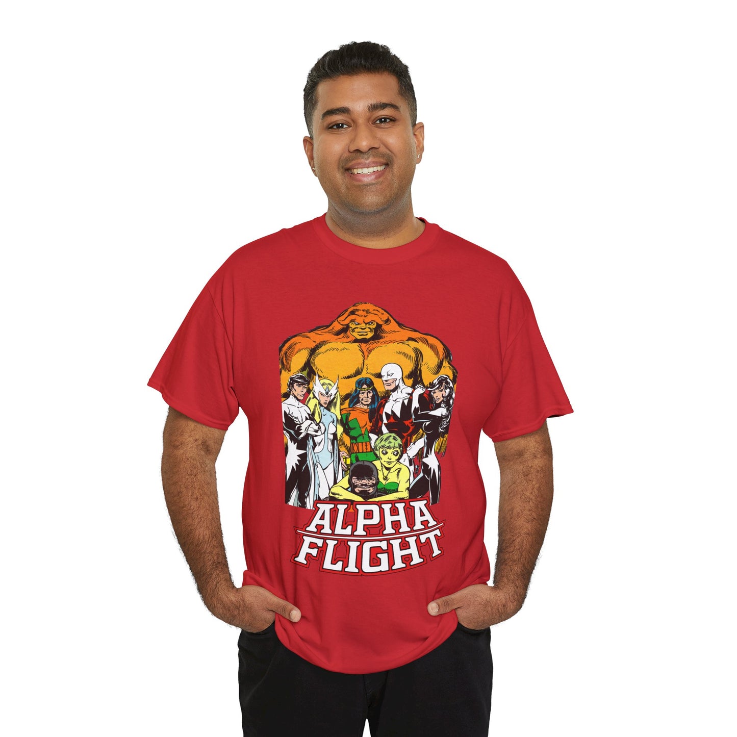 Alpha Flight T-Shirt - John Byrne Art - Northstar, Aurora, Guardian, Puck, Snowbird, Shaman, Sasquatch - Canada's Superhero Team - X-Men Connection - Marvel Comics