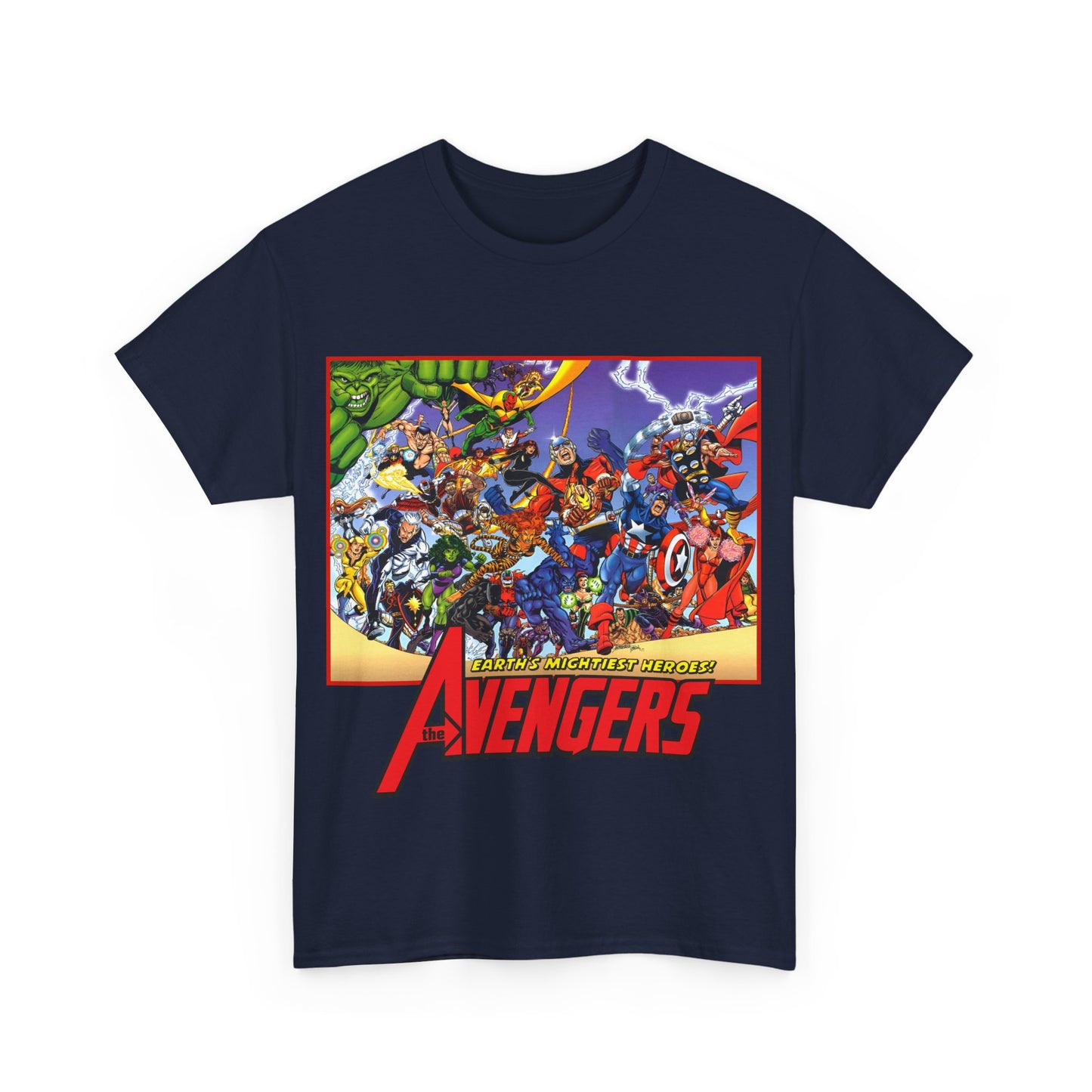 Avengers T-Shirt - George Perez Art - Marvel Comics - Captain America, Iron Man, Thor, She-Hulk, Hawkeye, Vision, Quicksilver - Classic Cover